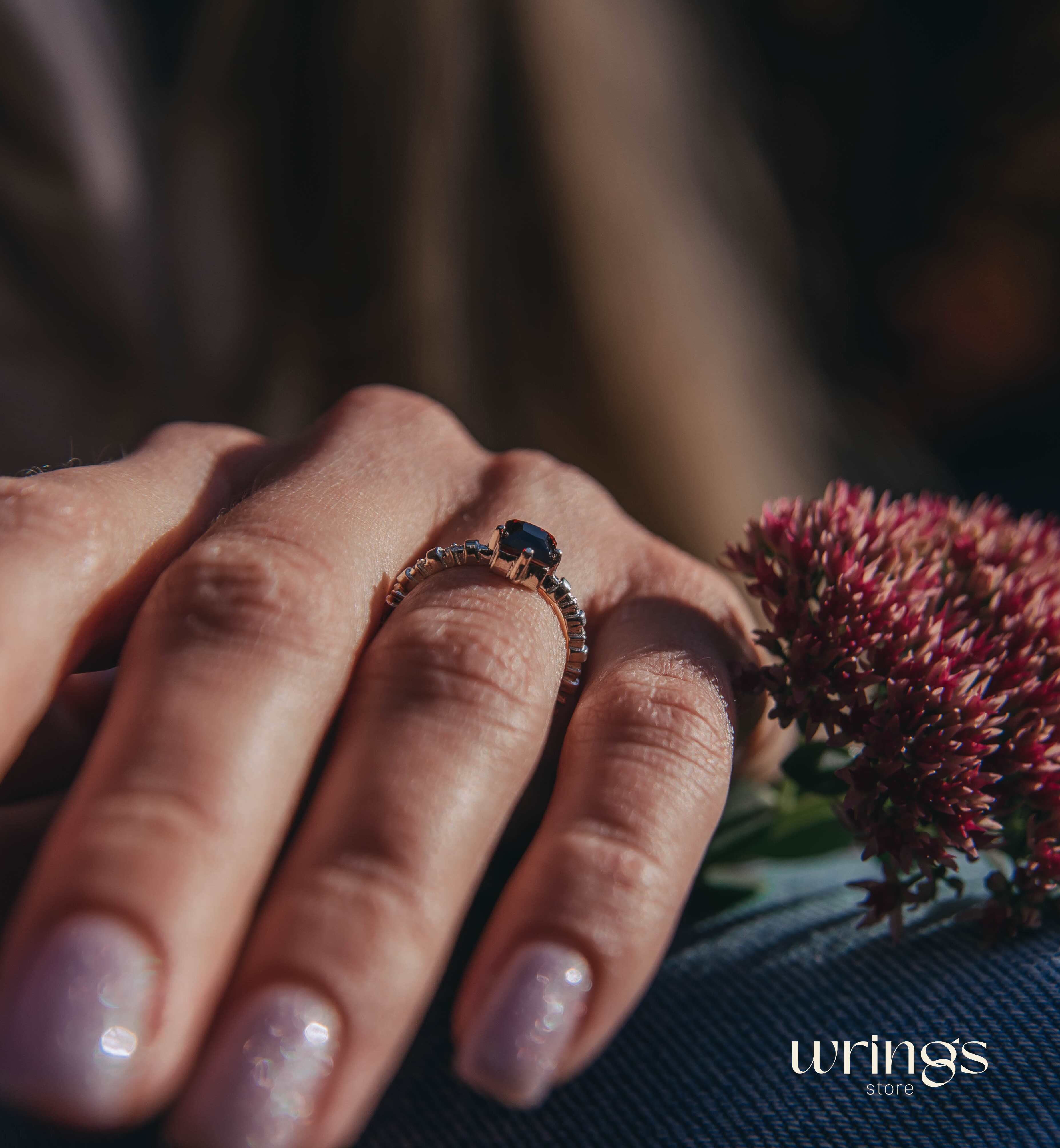 Square cut Garnet Engagement Ring Silver Beaded Band & CZ