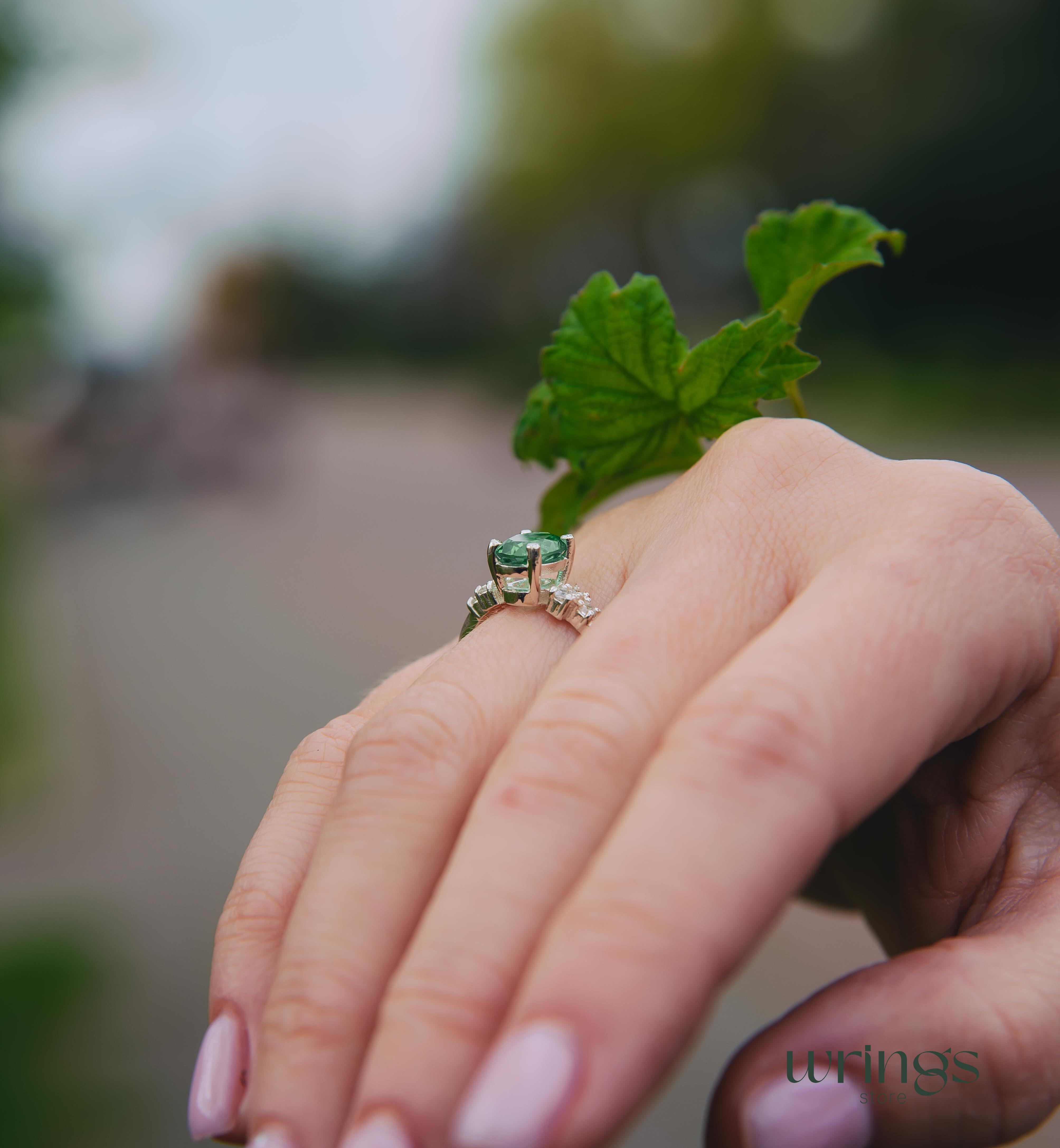 Large Oval Green Quartz Silver Cluster Engagement Ring