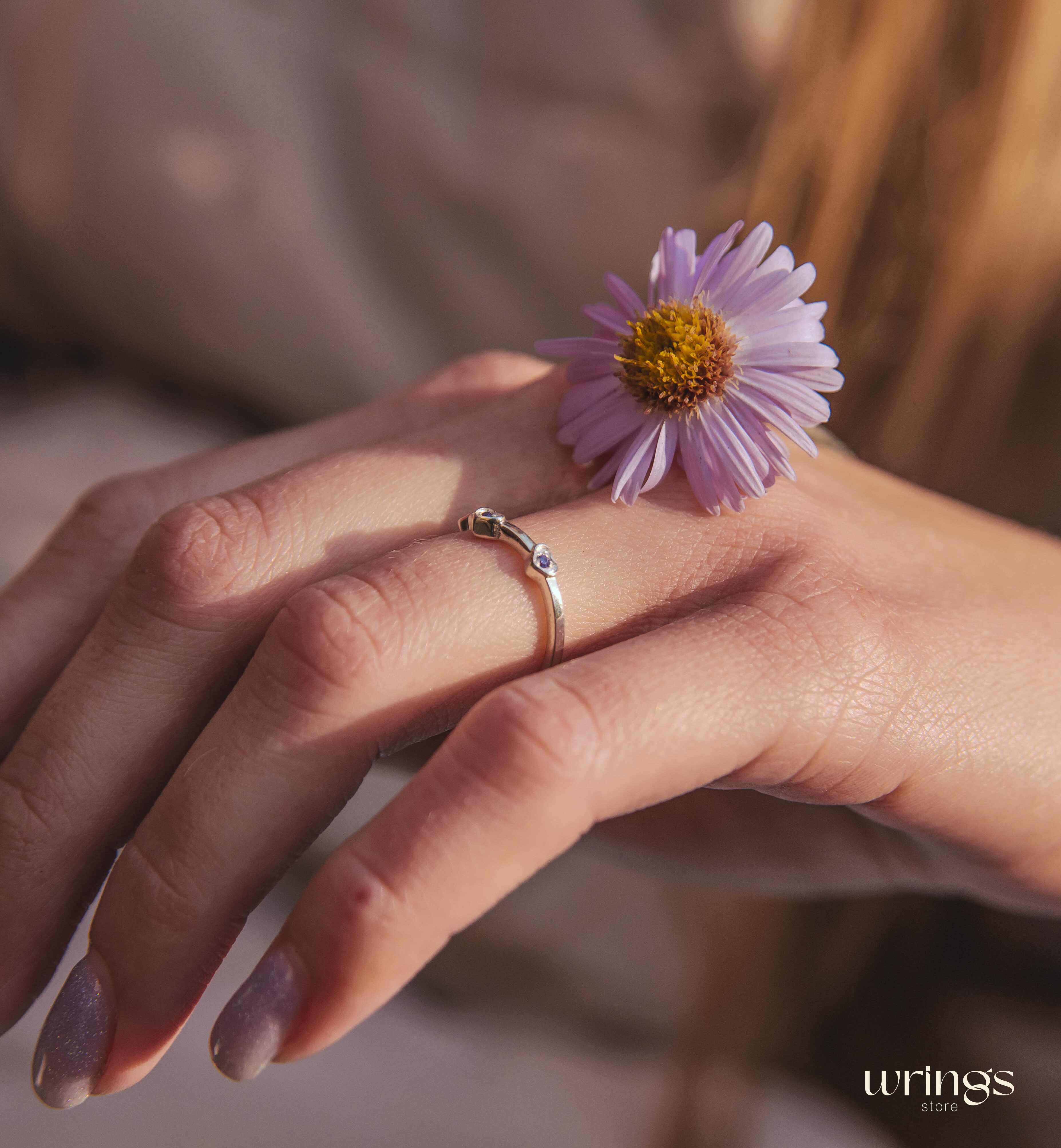 Three Hearts with Amethysts Silver Curved Ring