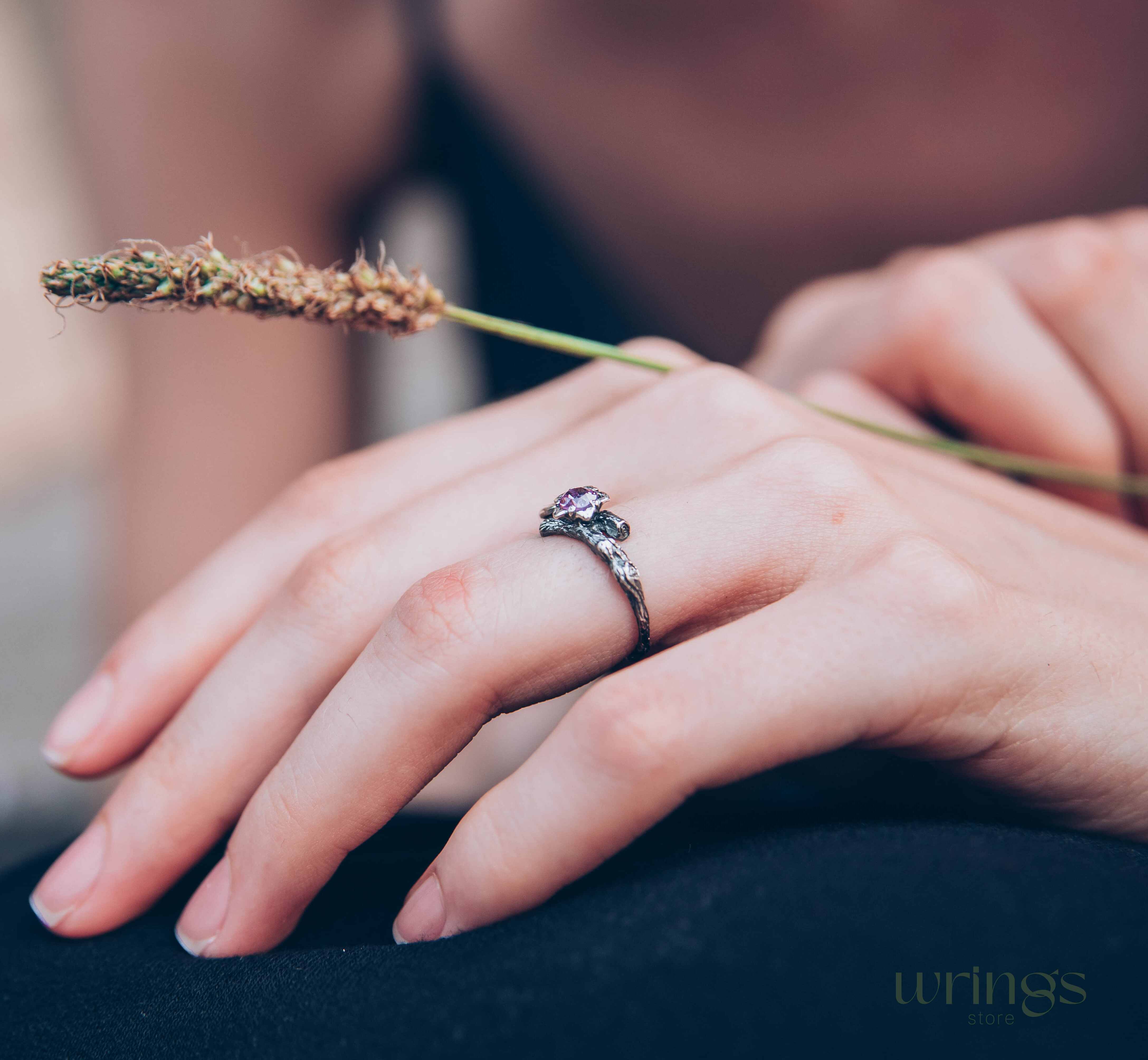 Lilac Amethyst Flower on a Silver dainty Twig Ring for Her