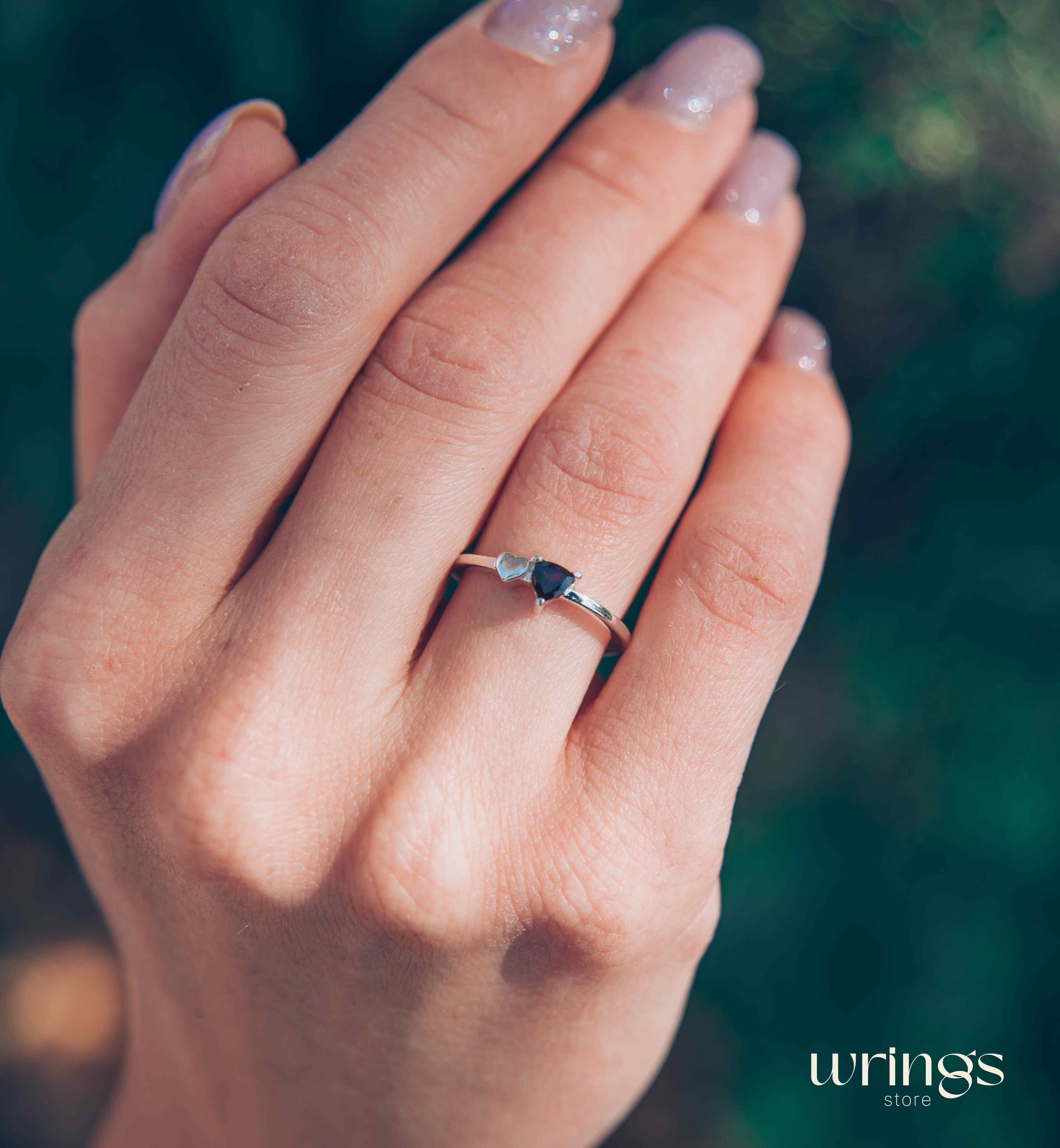 Trillion cut Garnet Silver Ring with Side Heart