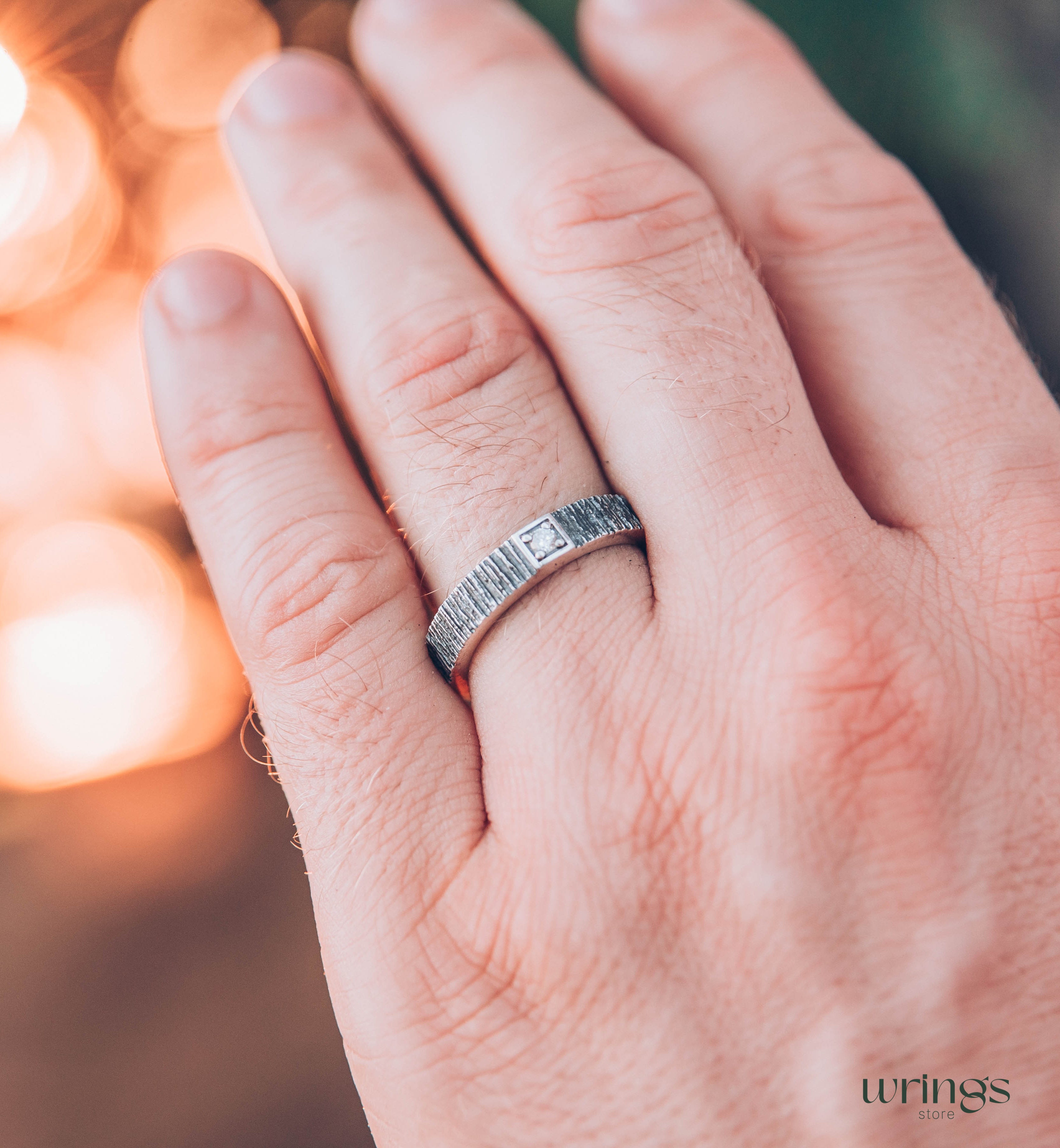 Simple Diamond Men's Wedding Ring band with Tree bark texture
