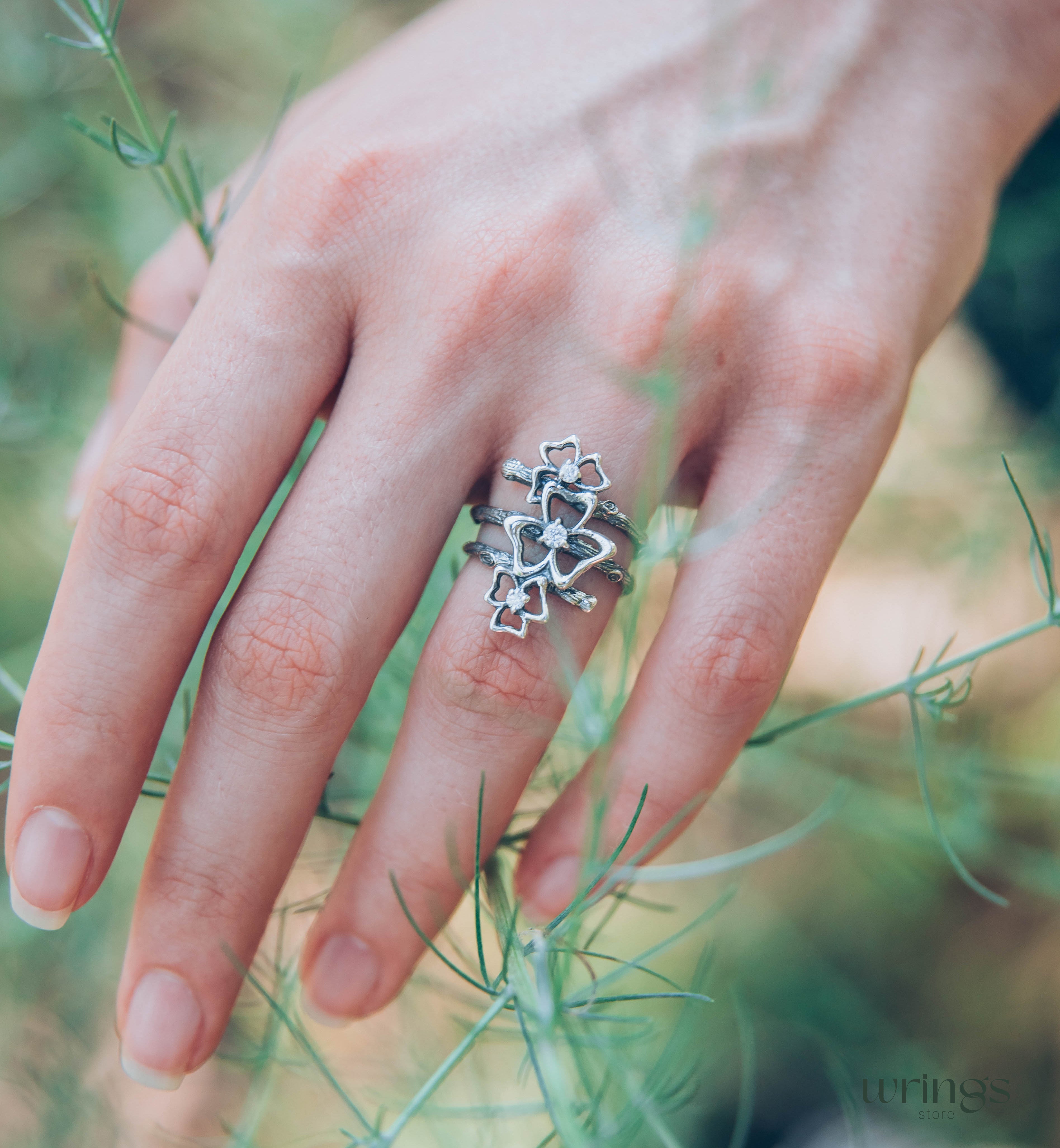 Triple Cubic Zirconia Trefoils on the Silver Branches Ring