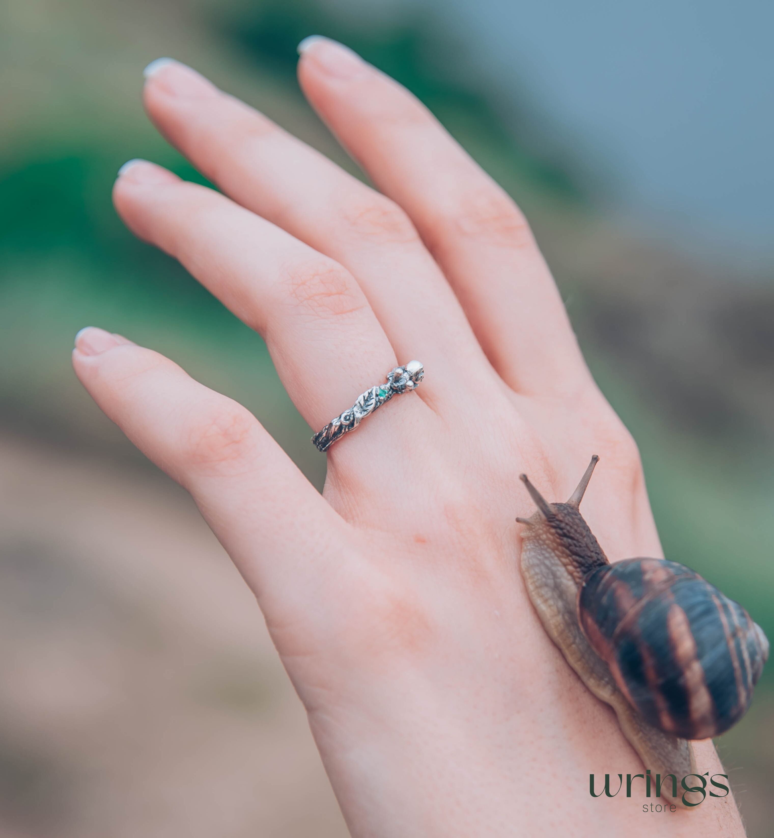 Snail on a Tiny Silver Twig with Leaf Emerald Ring