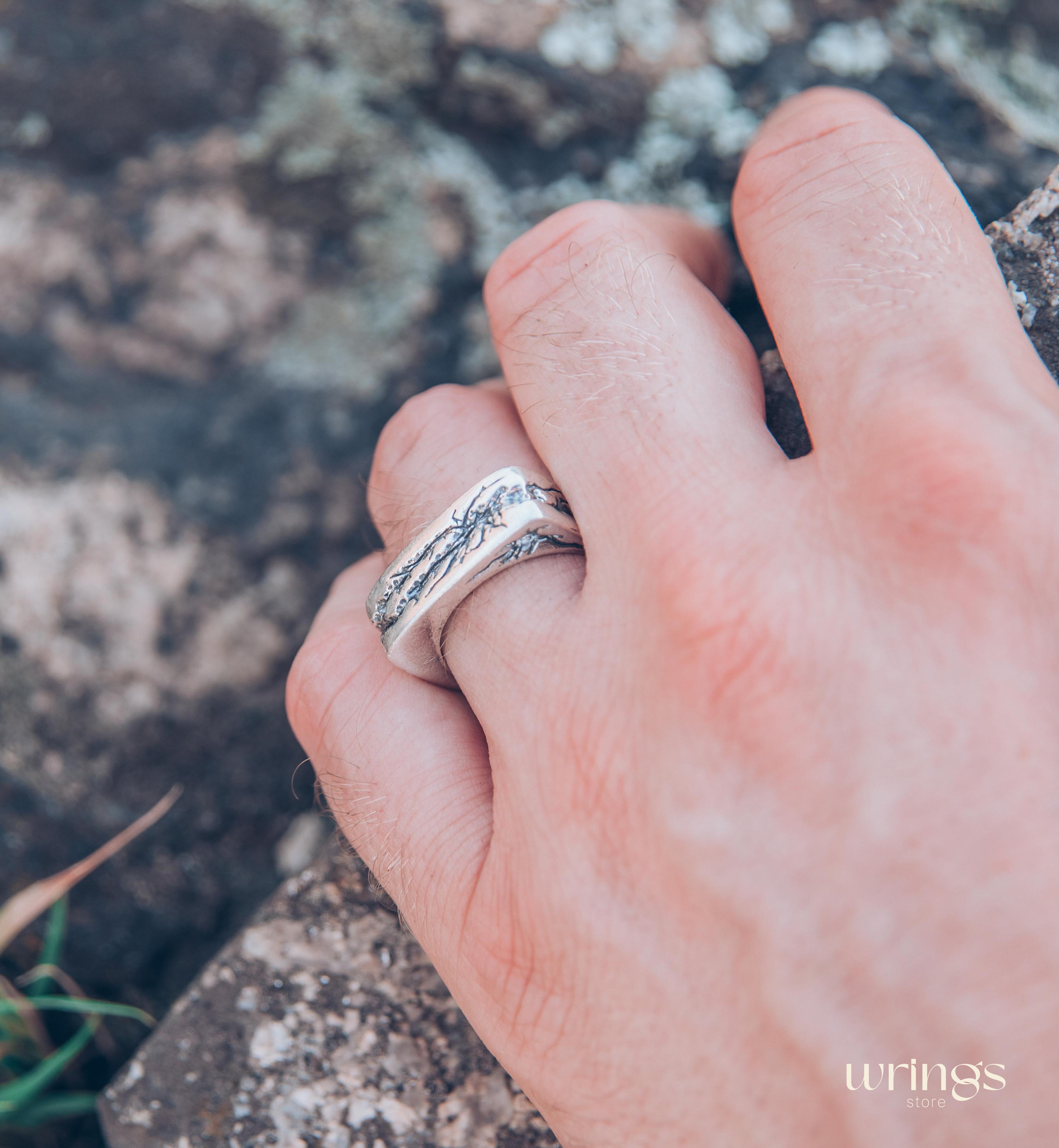 Large and Heavy Damaged Style Flat Solid Silver Ring