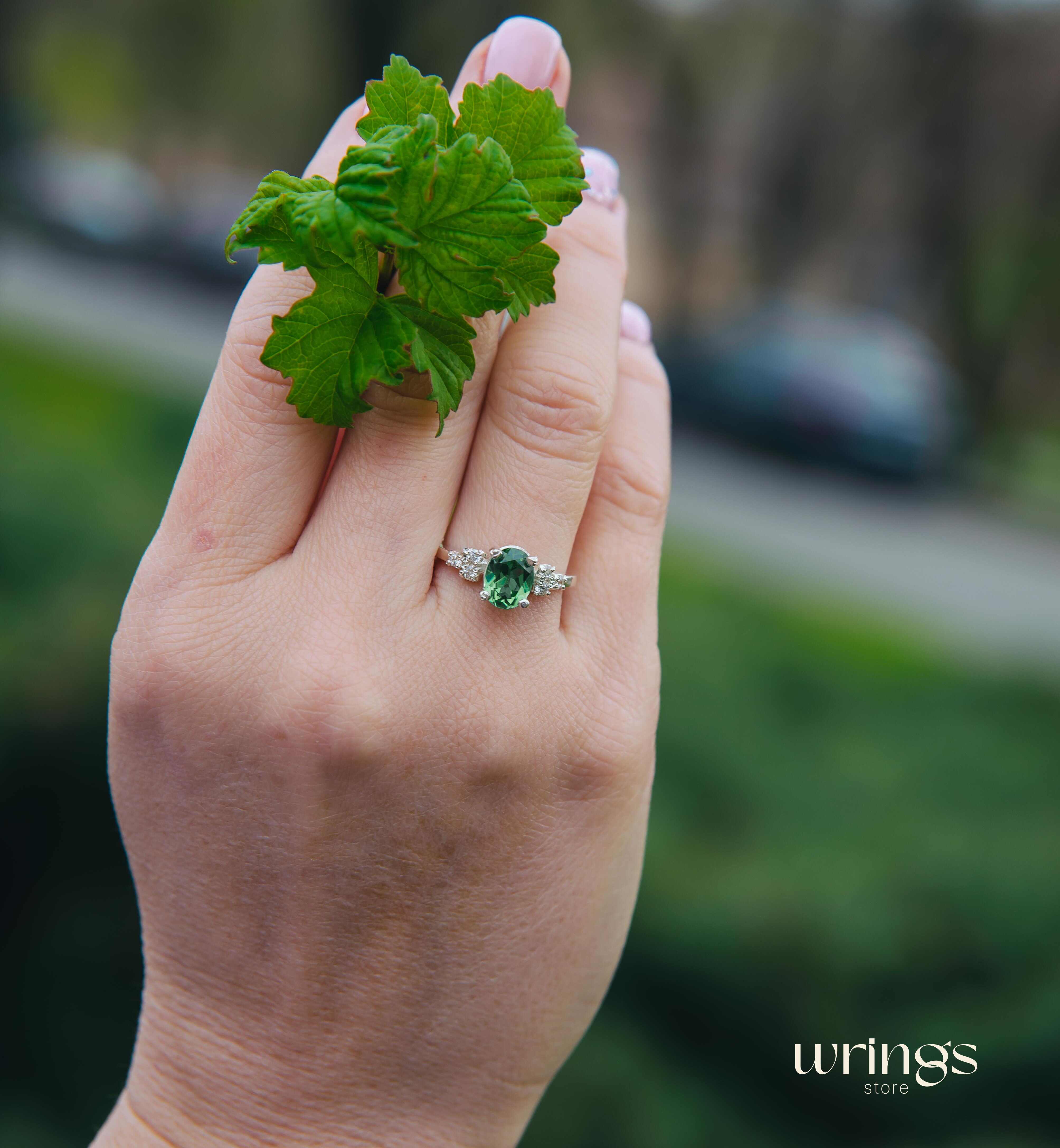 Large Oval Green Quartz Silver Cluster Engagement Ring