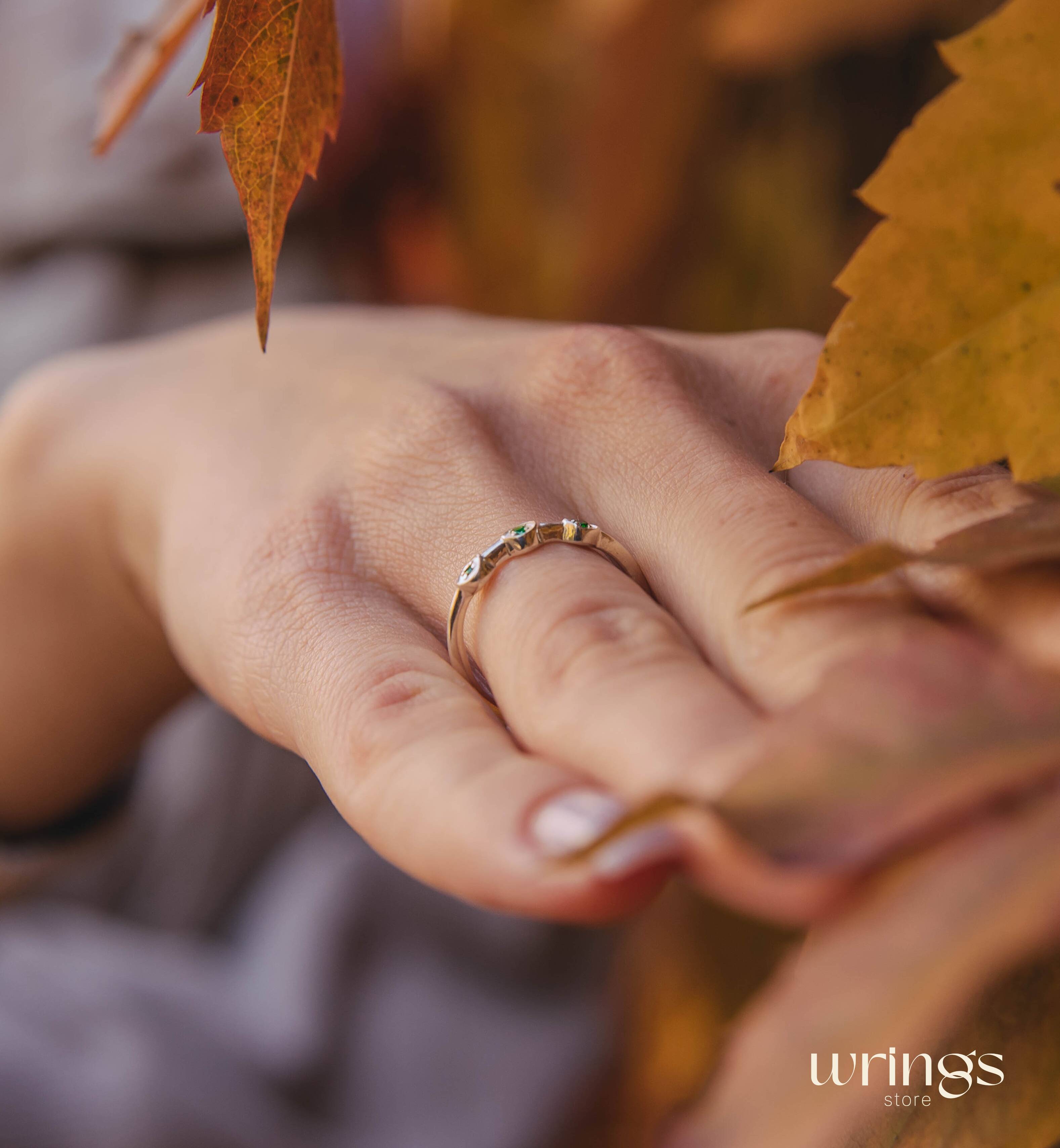 Dainty Emeralds in 3 Small Dots Silver Stackable Ring