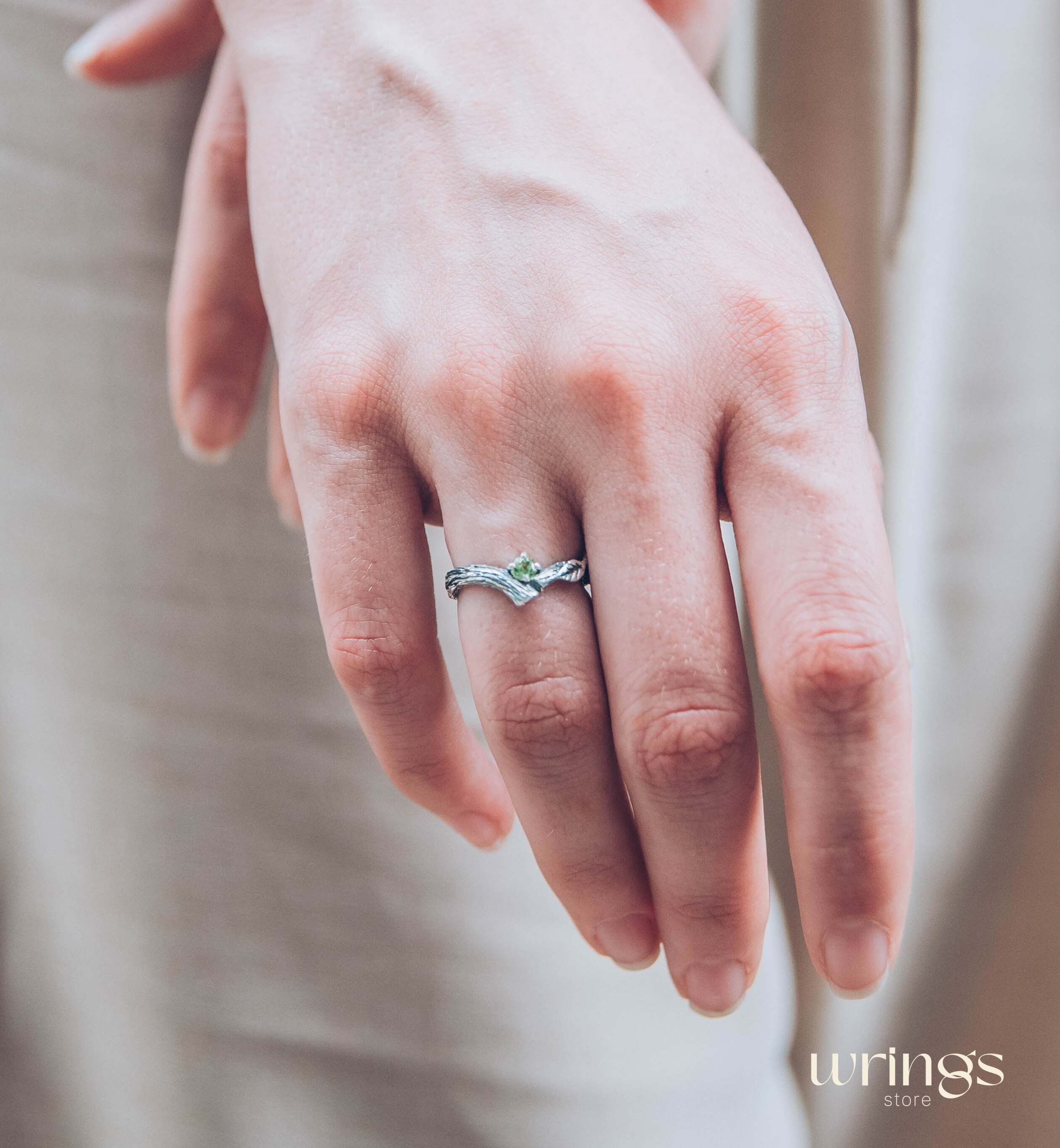 Twig Engagement Ring with Leaves — Peridot Tiny Ring