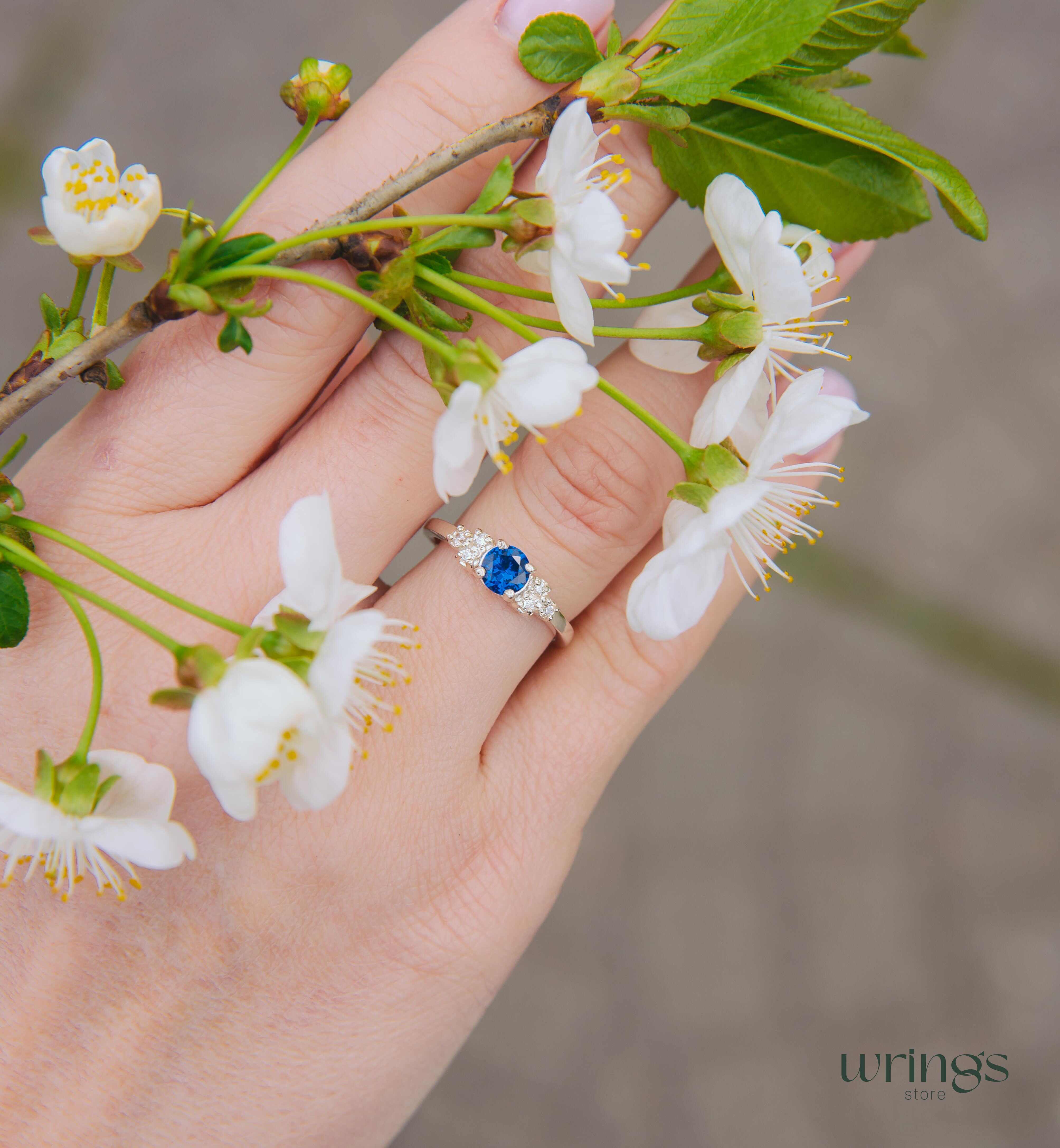 Simulated Sapphire Silver Ring - Cluster Side Stones