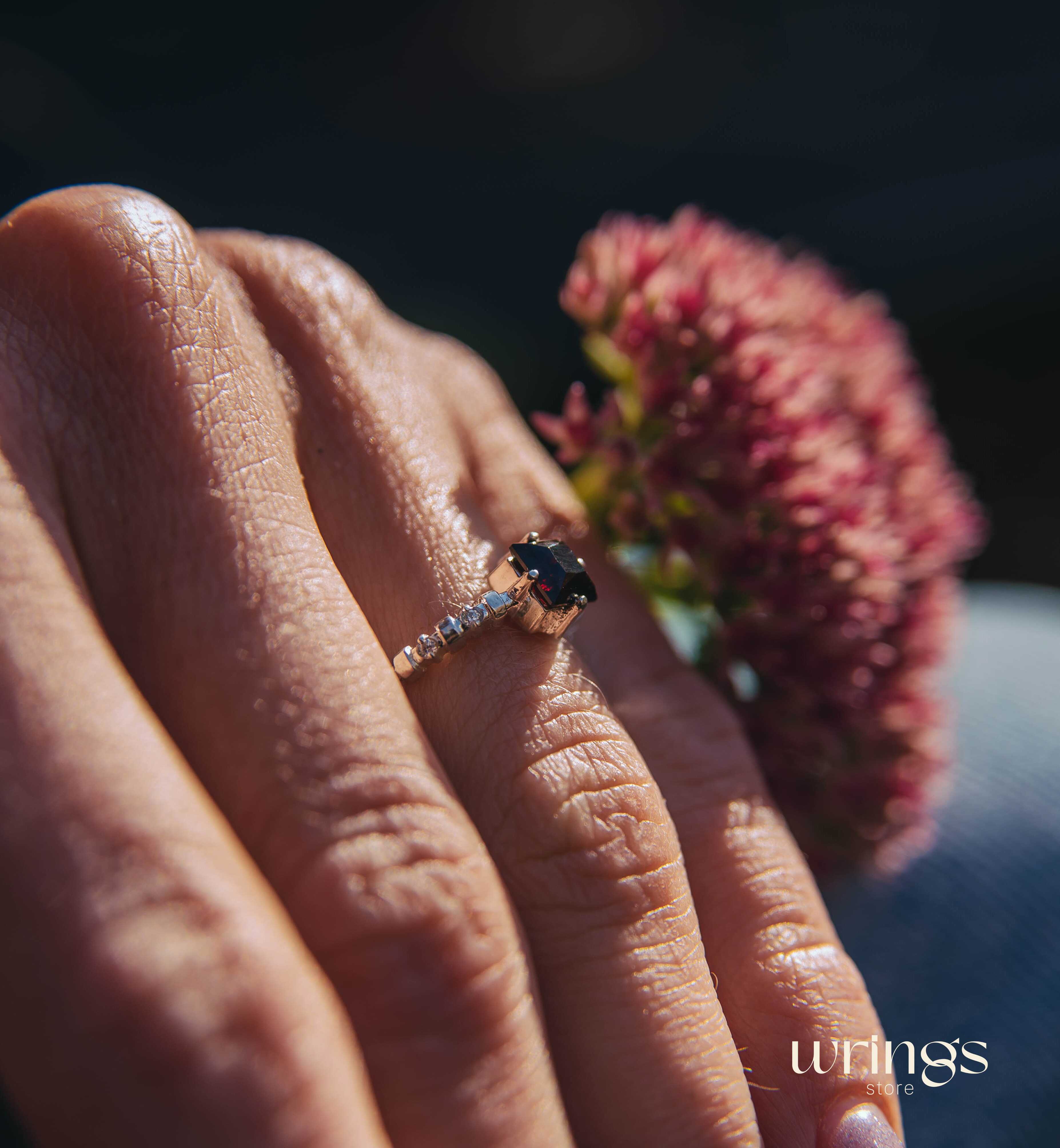 Square cut Garnet Engagement Ring Silver Beaded Band & CZ