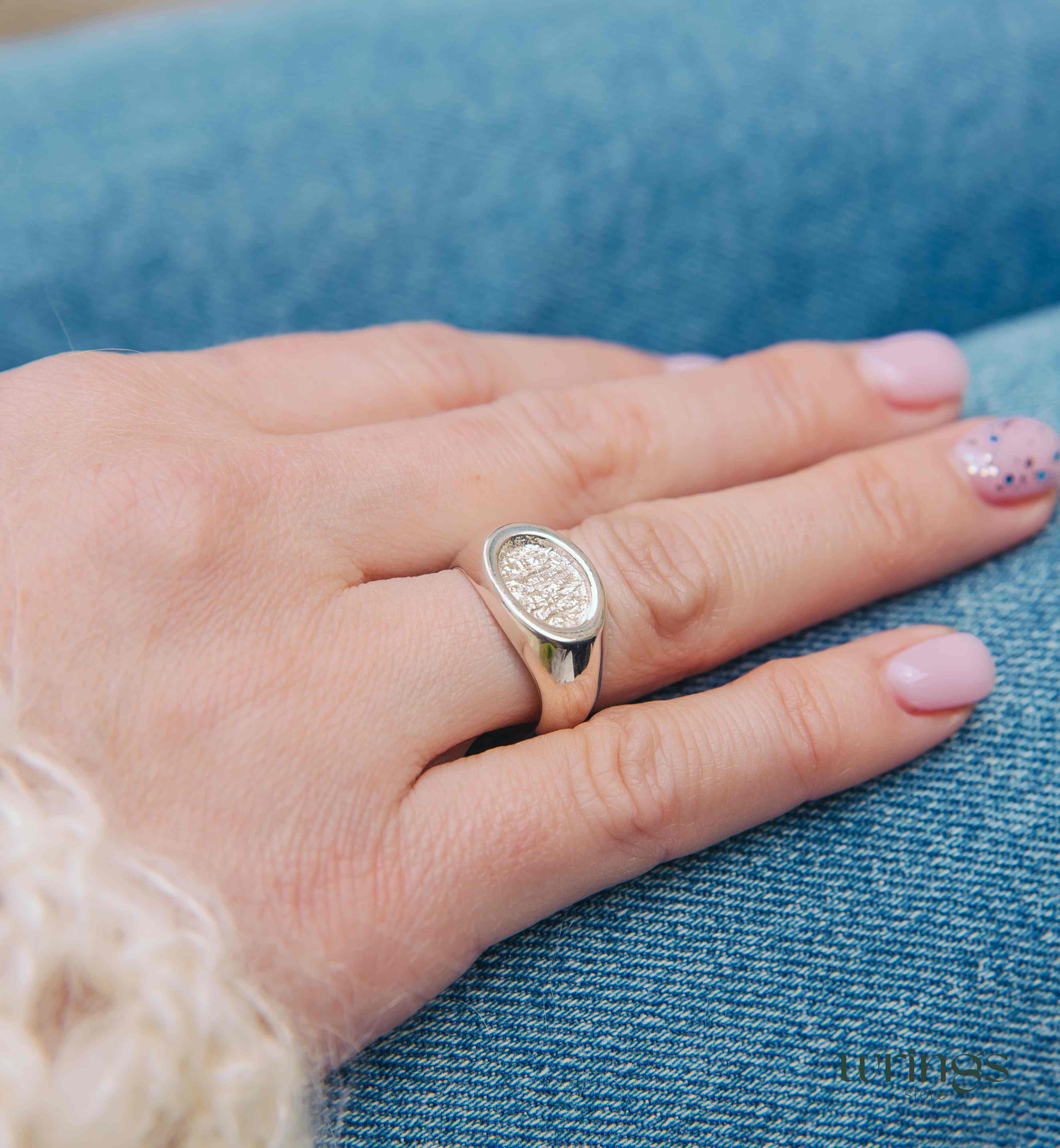 Unisex Silver Oval Signet Ring Hammered Centre