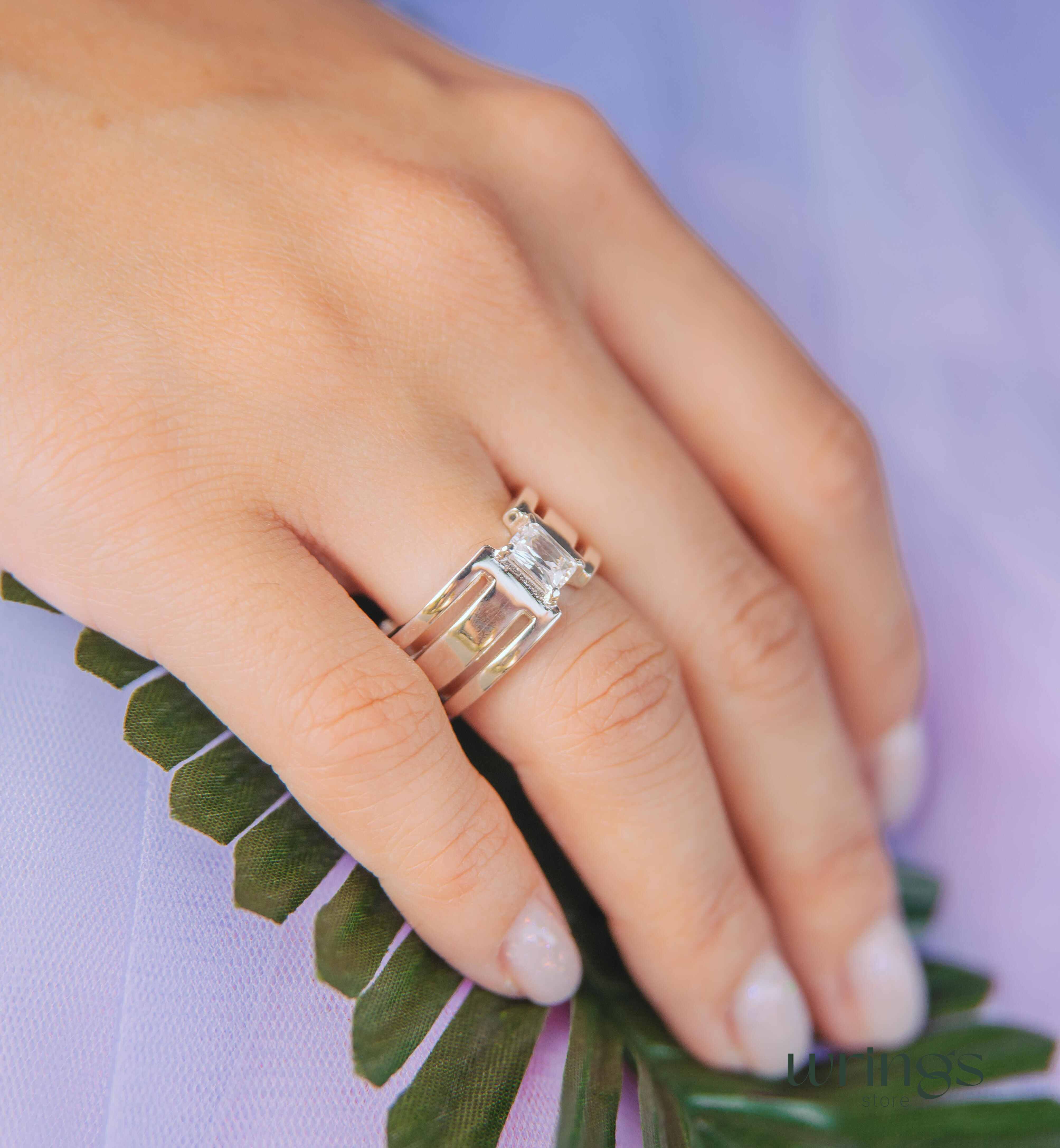 White Stone Unisex Wide Wedding Band Sterling Silver