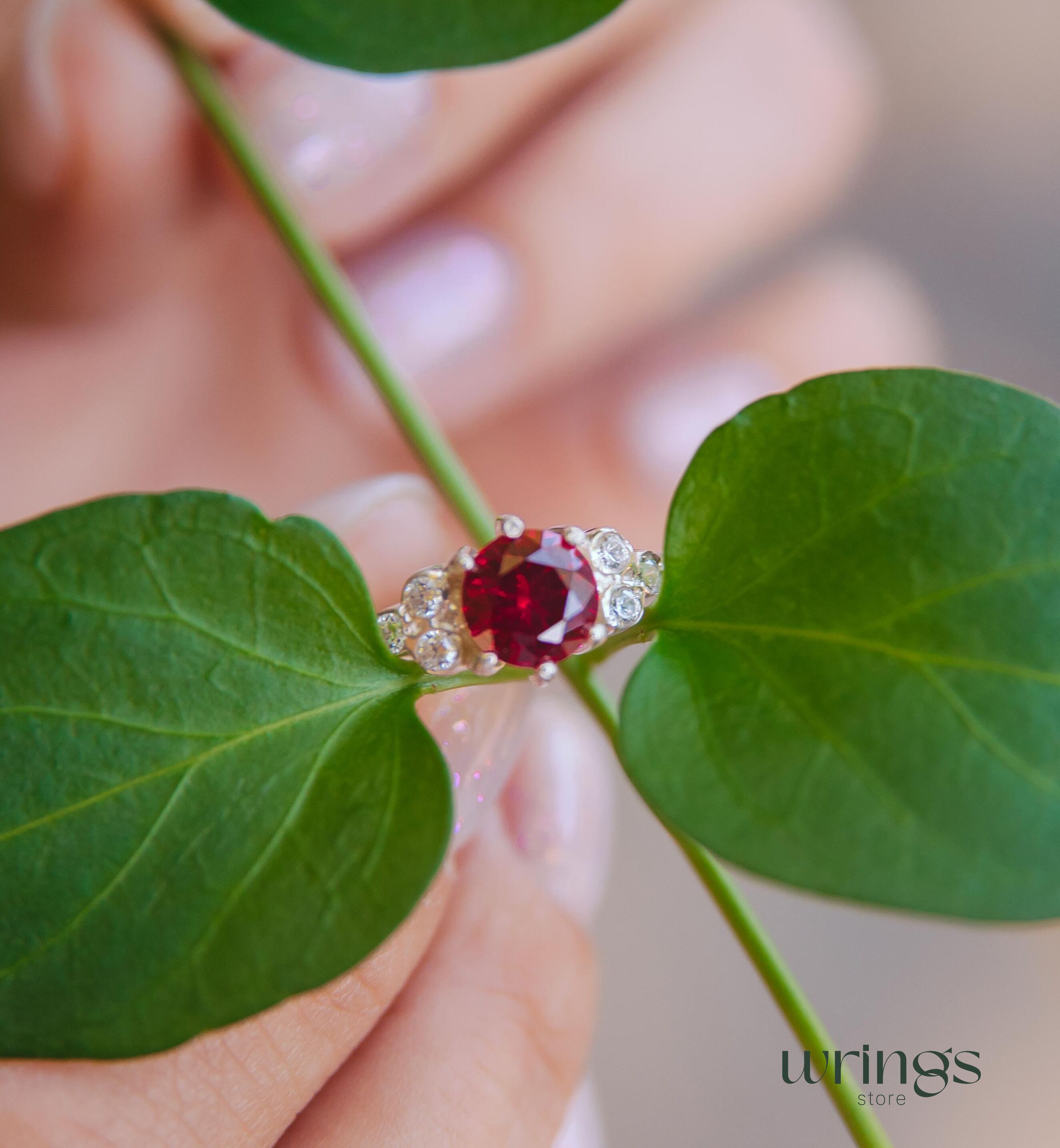 Large Red stone Statement Cluster Engagement Ring Silver