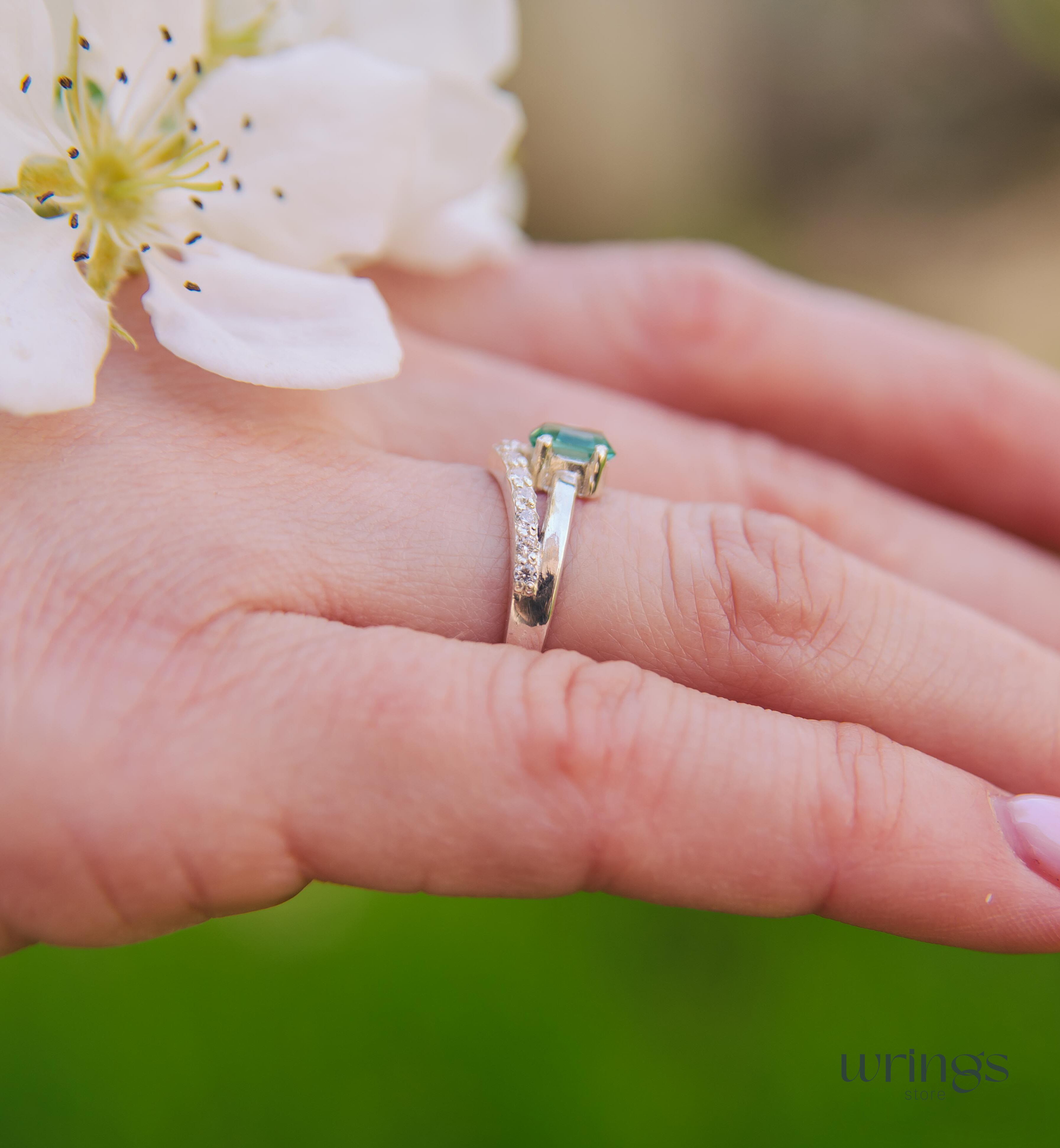 V Shaped Engagement Ring Vertical Oval Green Quartz & CZ