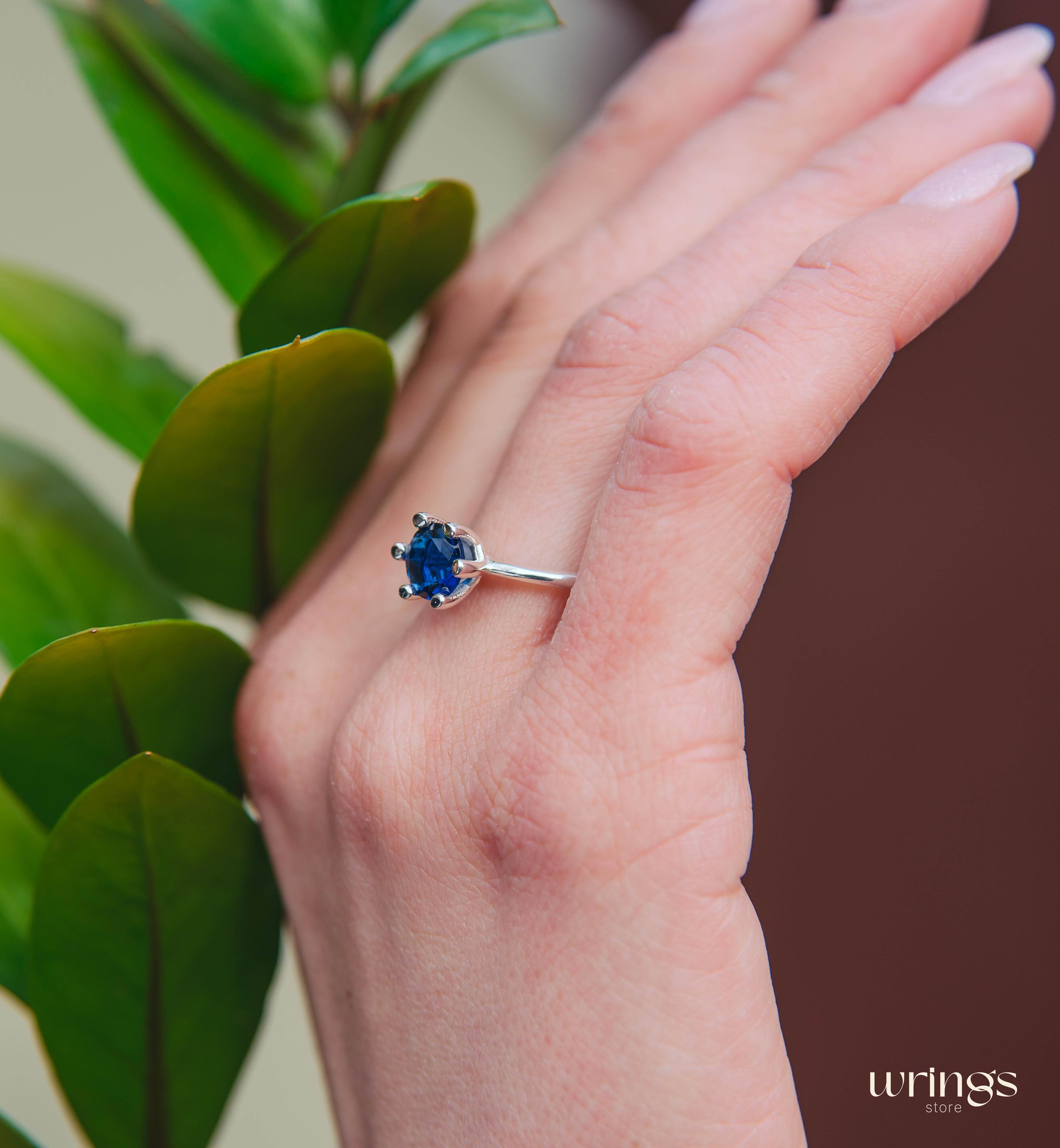 Classic Solitaire Round Sapphire Engagement Ring Silver