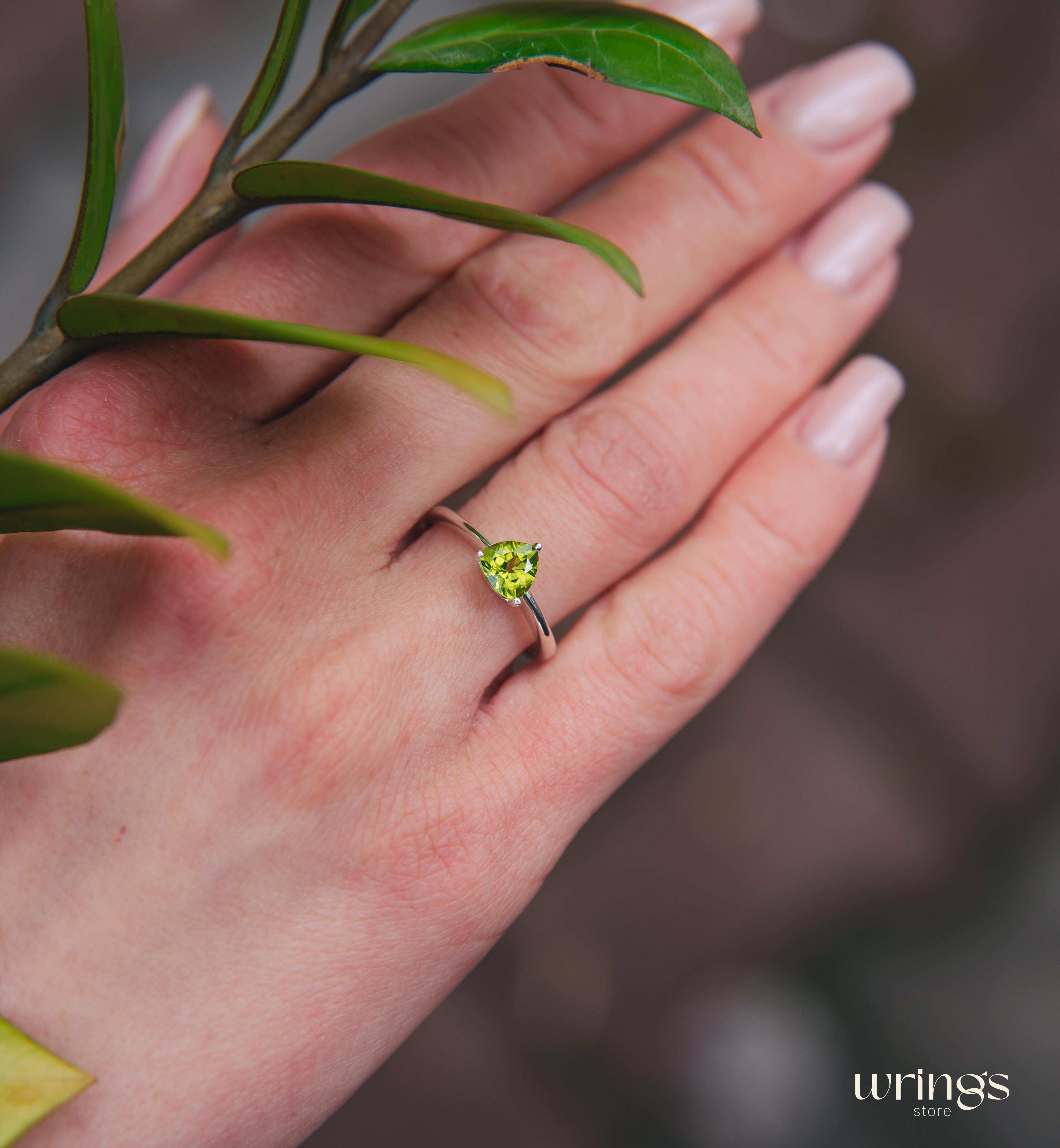 Classic Trilliant Solitaire Peridot Engagement Ring Silver