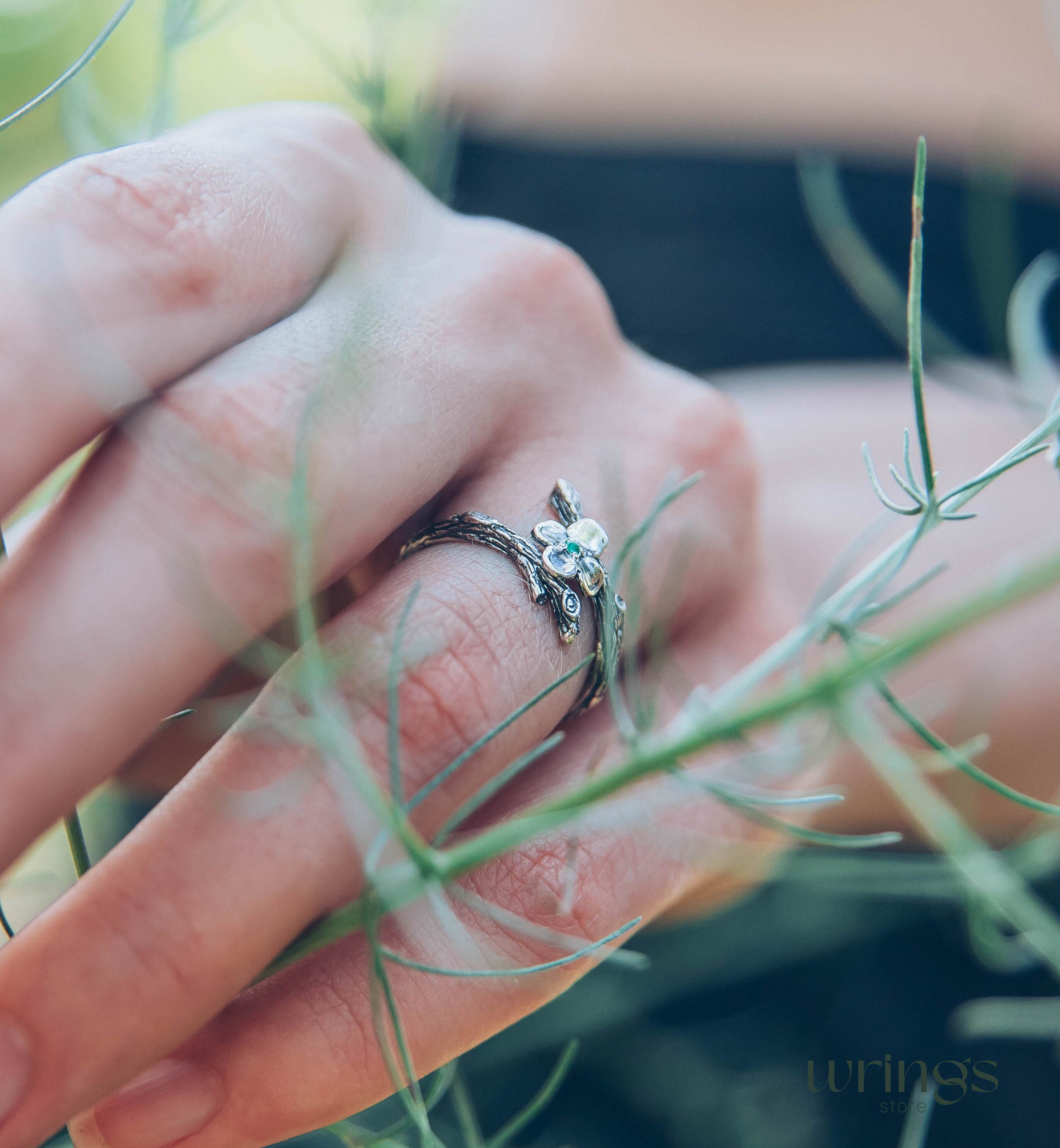 Dainty Quatrefoil flower Ring with Emerald and tiny Branch