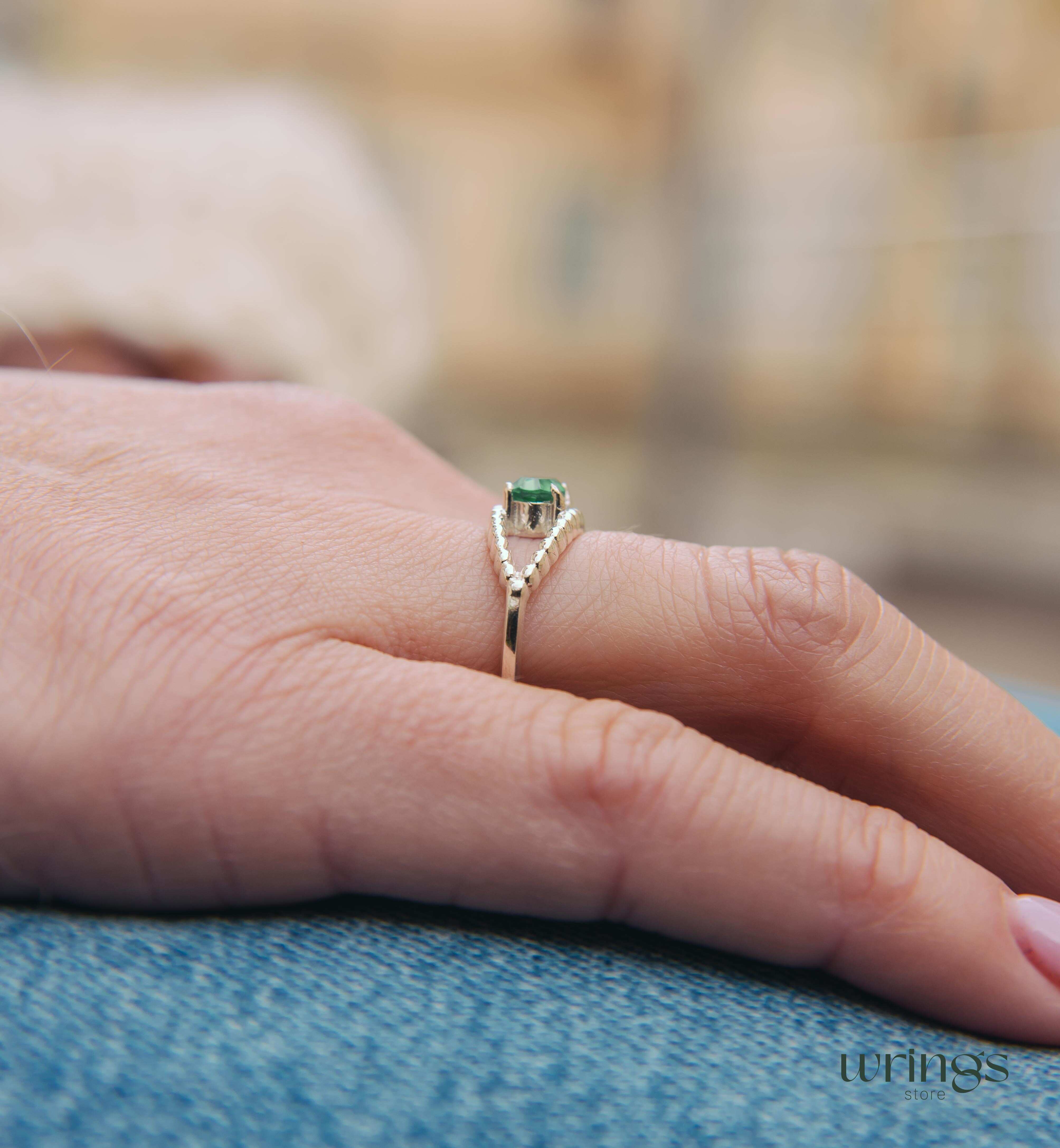 Beaded Silver Evil Eye Ring with Magical Green Quarz