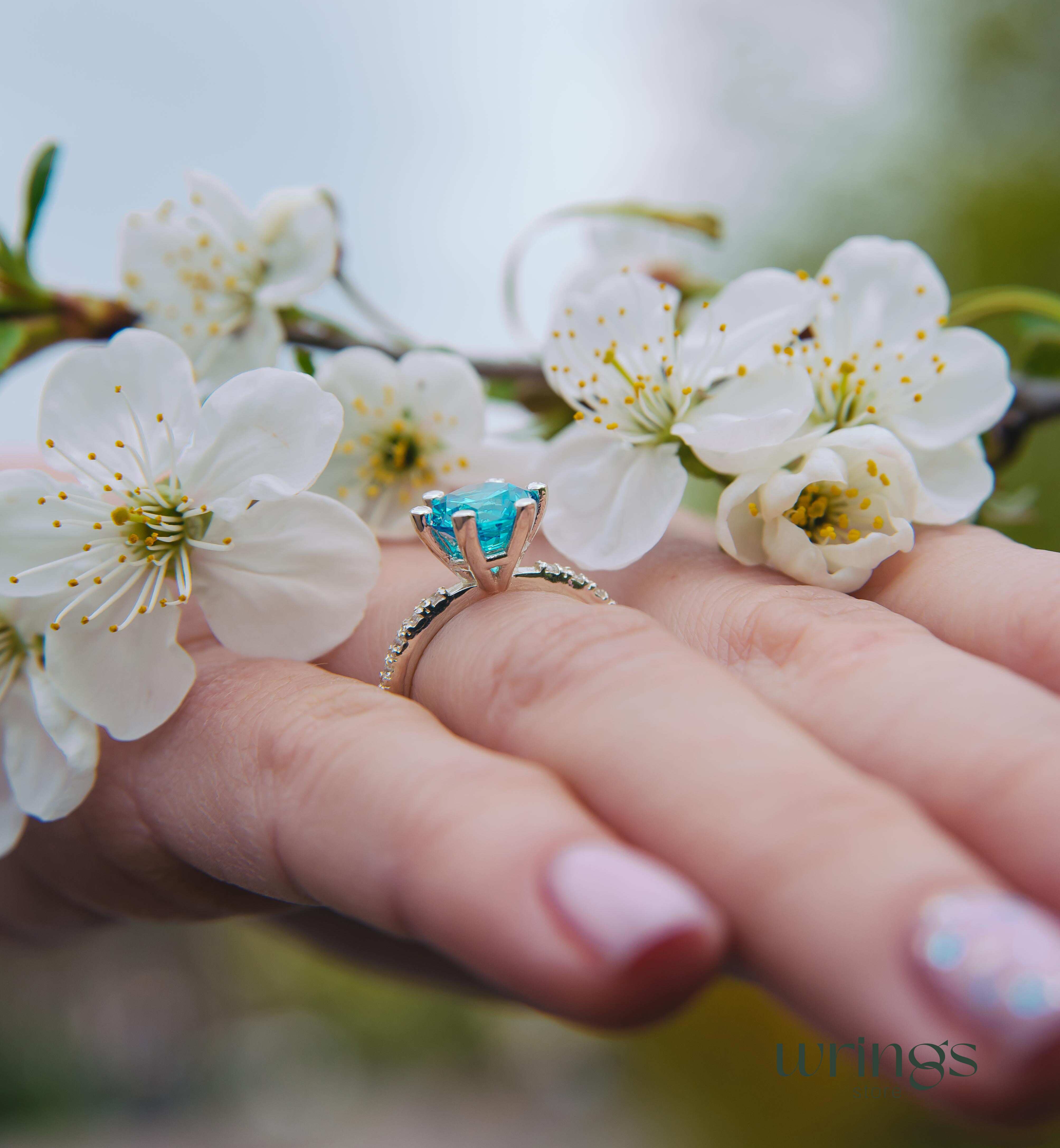 Large Round Swiss Blue Topaz Engagement Ring & Side CZ