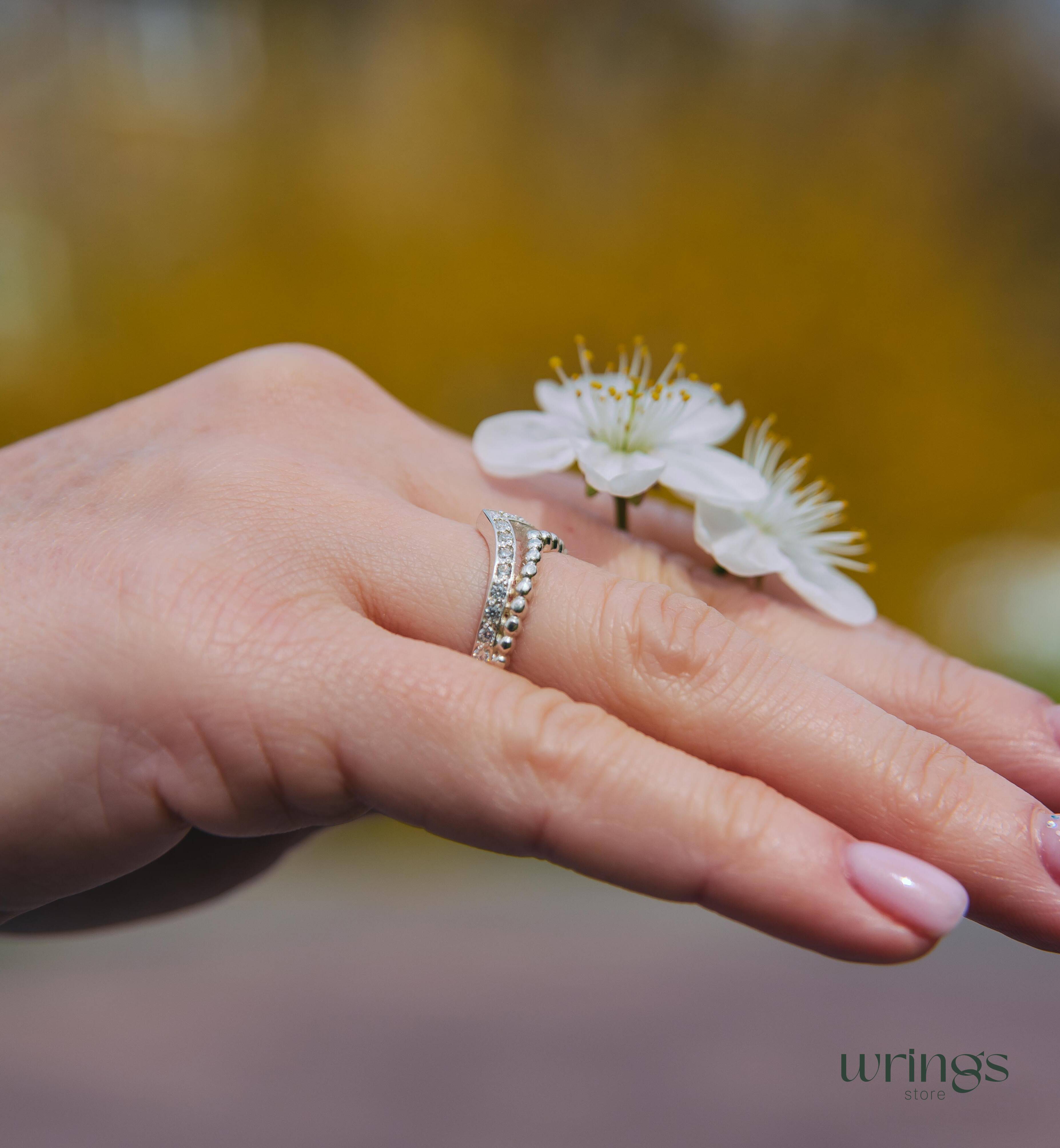 Natural Diamonds in Beaded Silver Chevron Wedding Ring