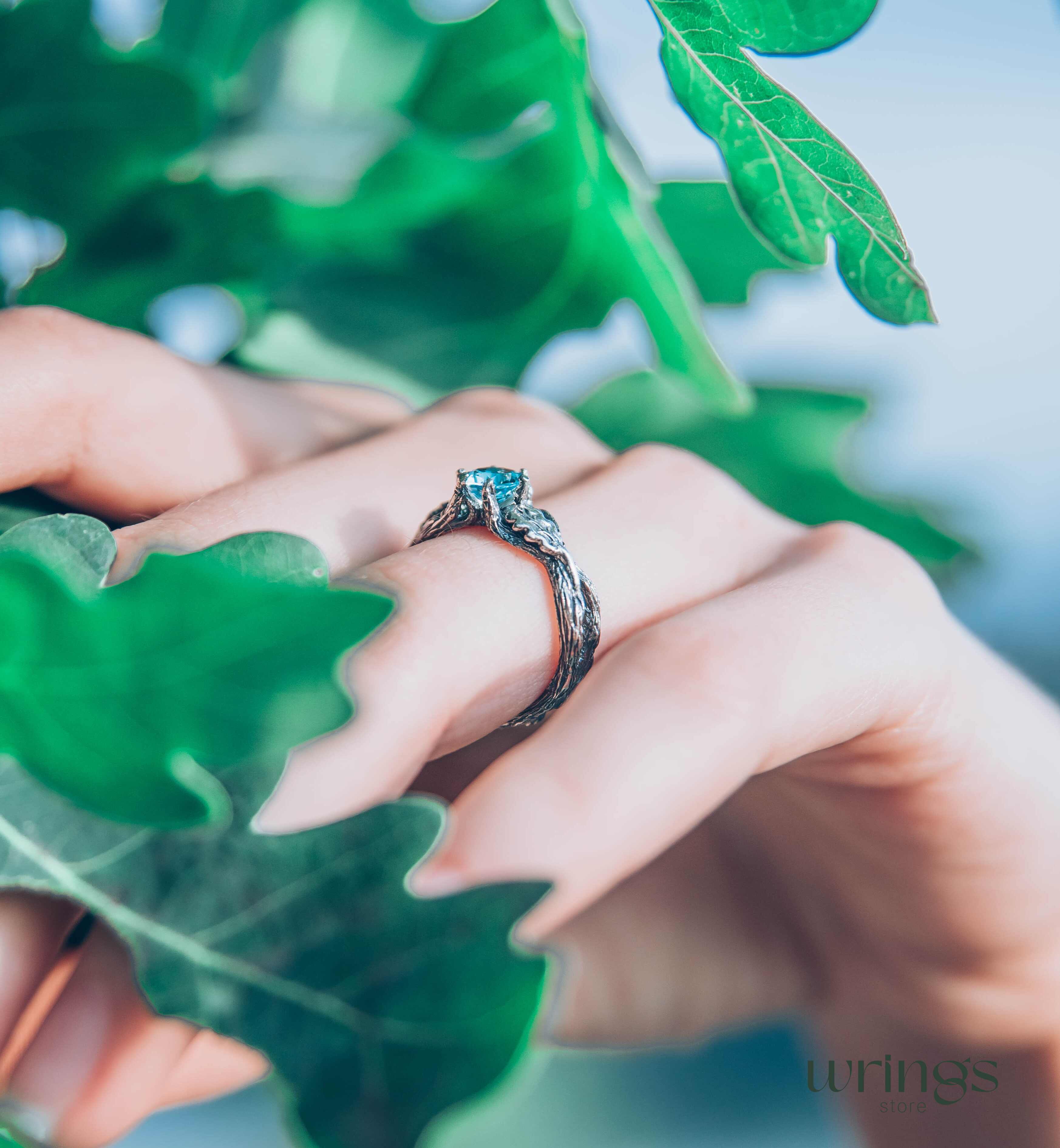 Topaz Engagement Ring — Silver Braided Branch and oak Leaves