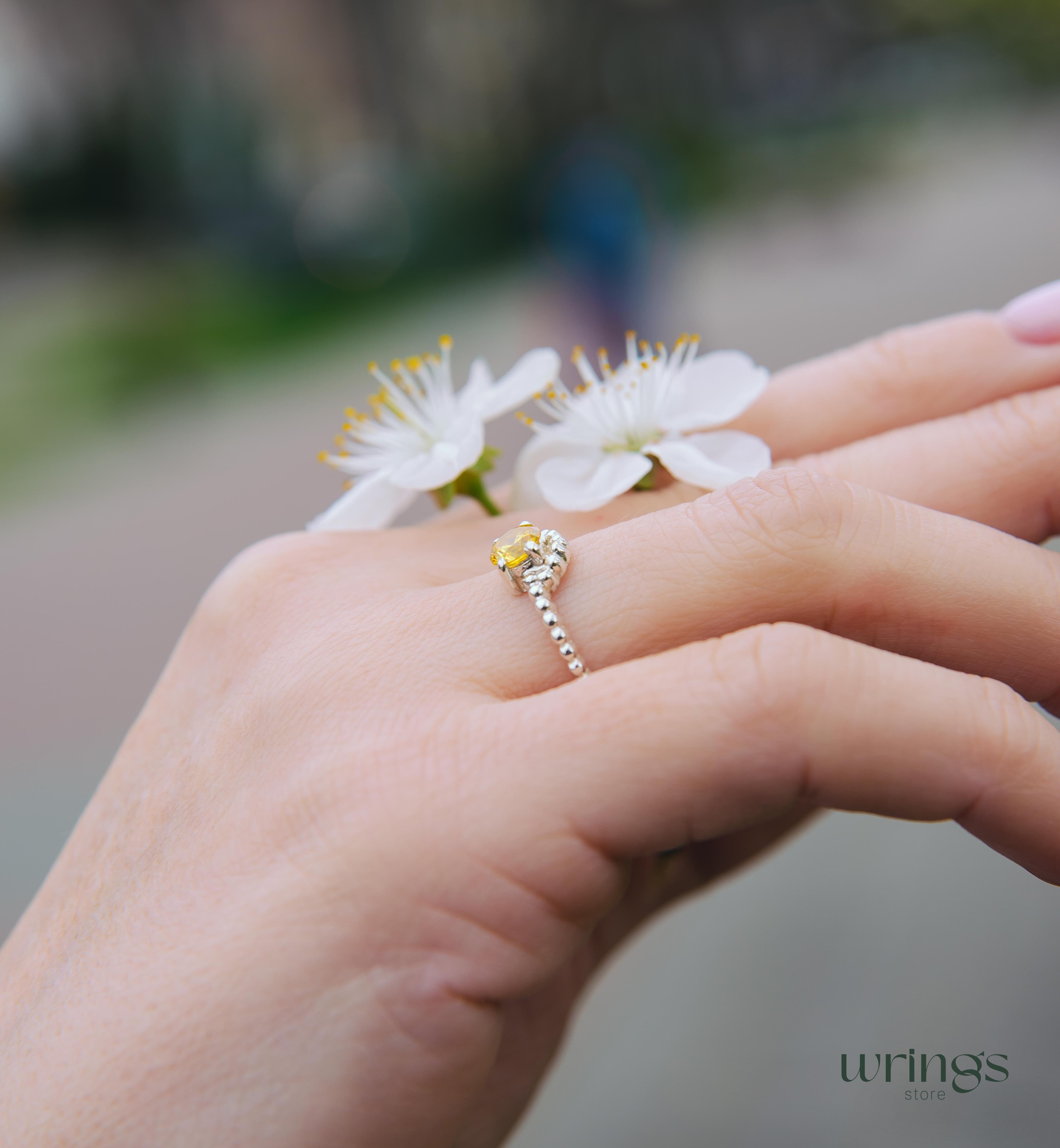 Large Round Citrine Gemstone Statement Silver Bead Ring