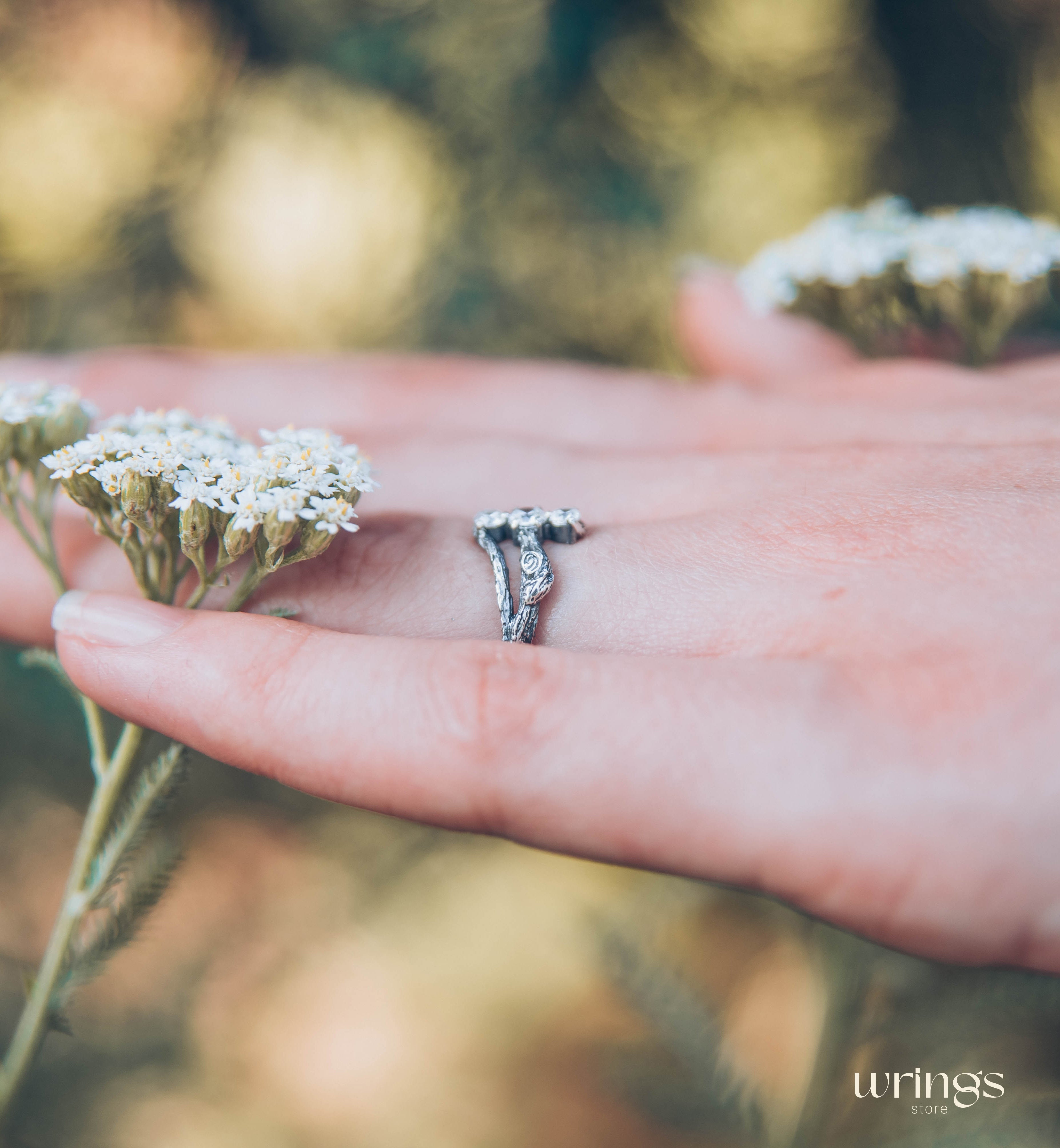 Three Stones on a Three Silver Twigs Cute Engagement Ring
