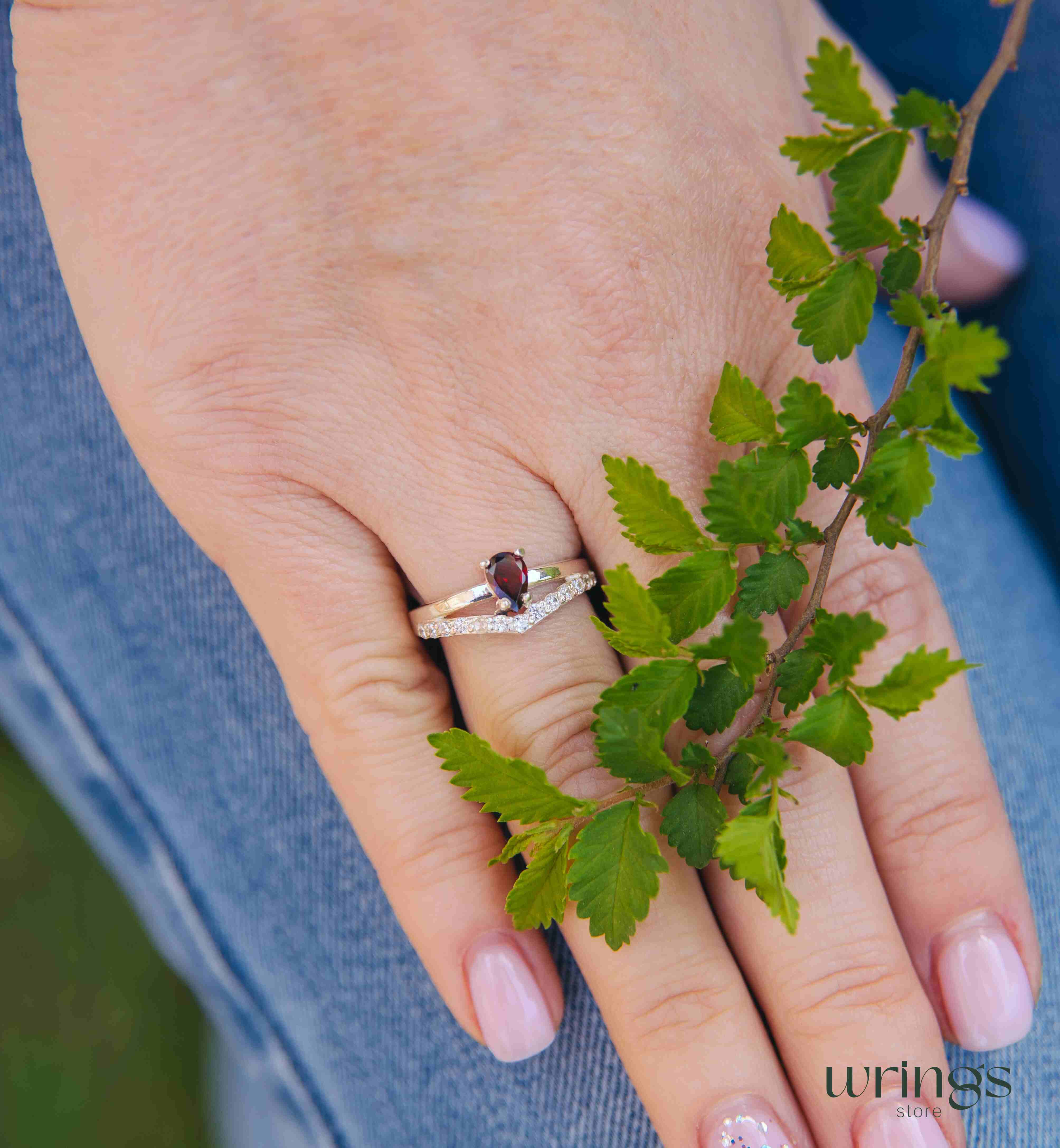 Chevron & Pear cut Garnet Engagement Ring Silver and CZ