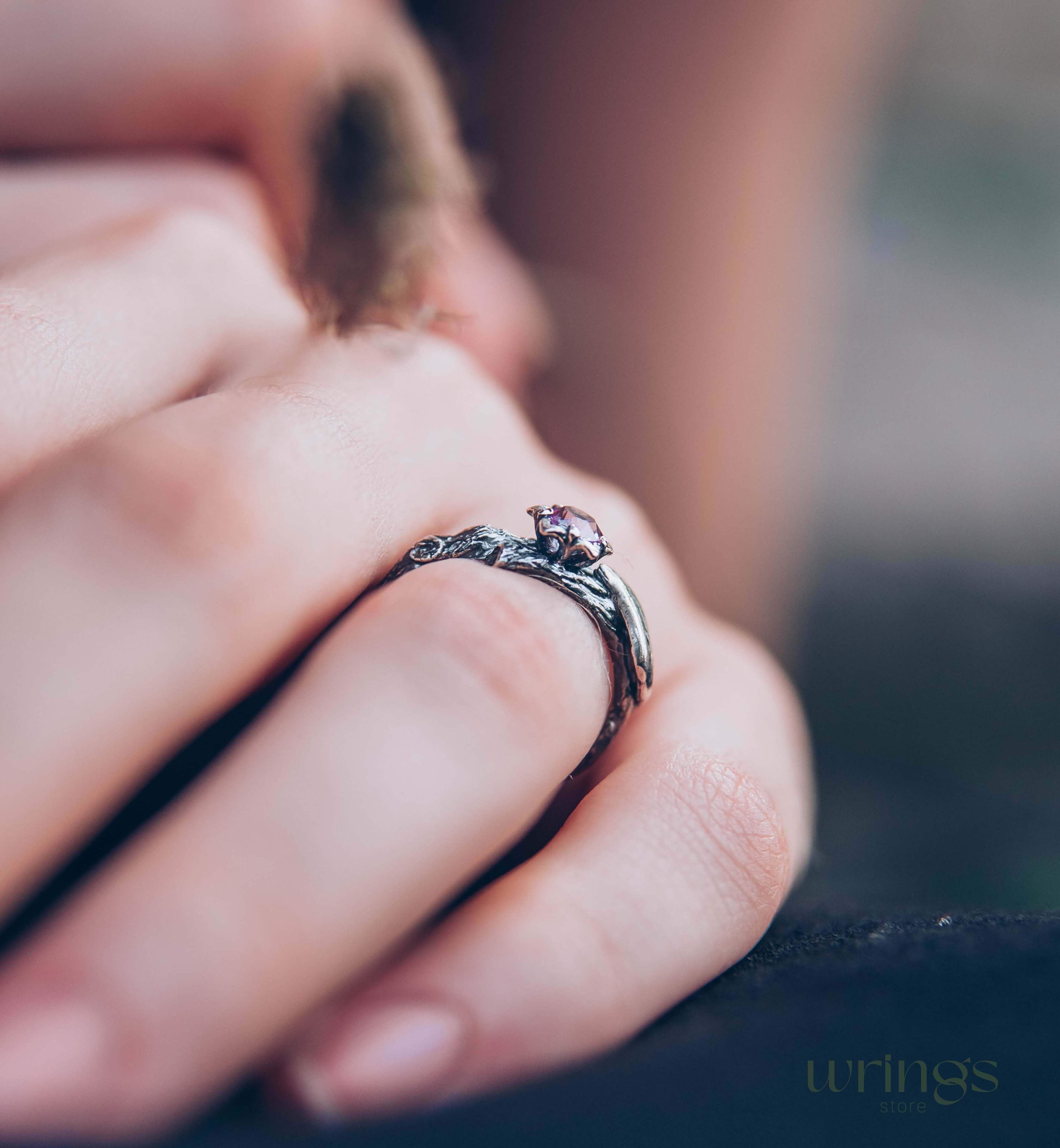 Lilac Amethyst Flower on a Silver dainty Twig Ring for Her