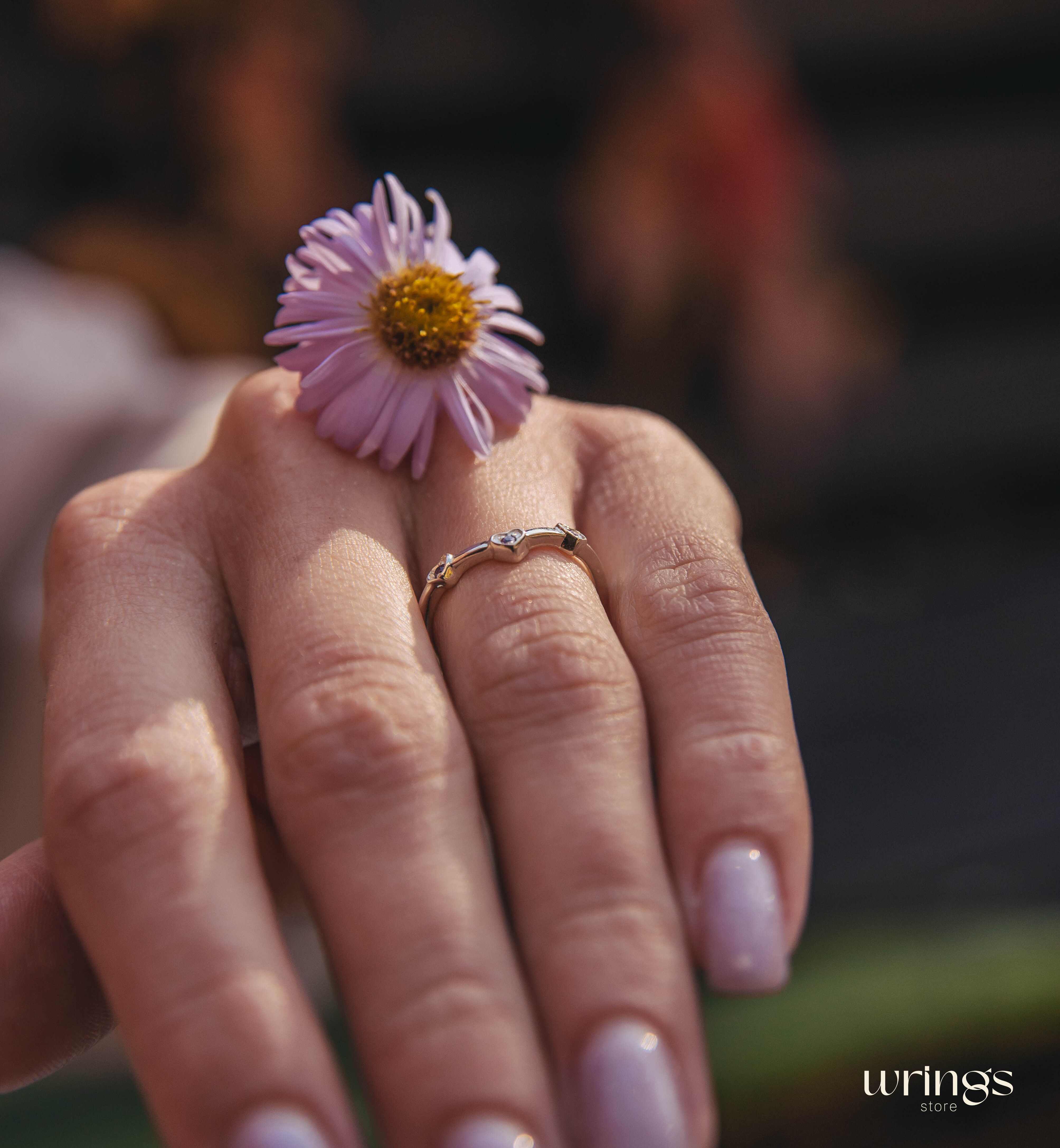 Three Hearts with Amethysts Silver Curved Ring