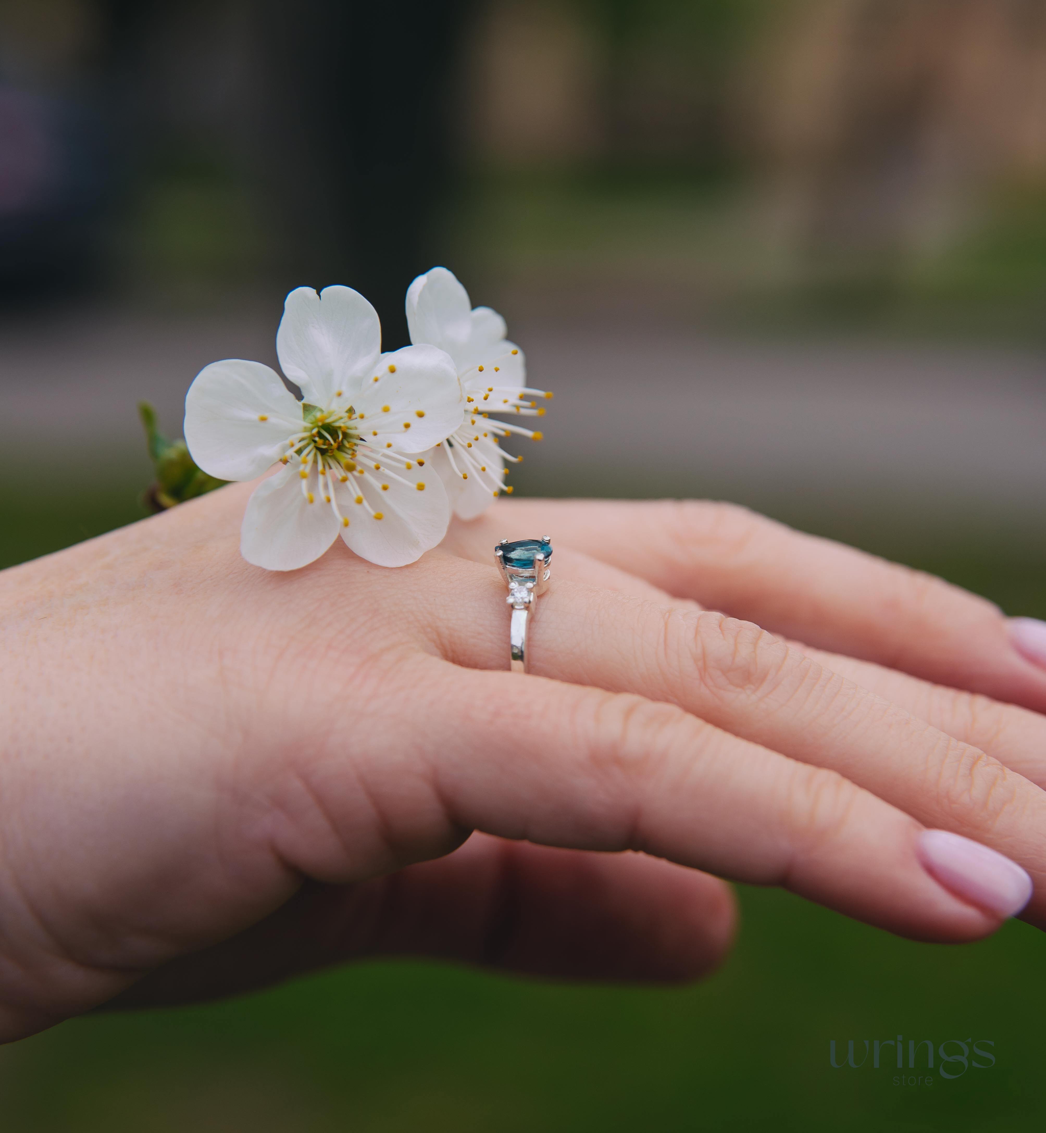 Central Pear London Blue Topaz 3 Stone Engagement Ring