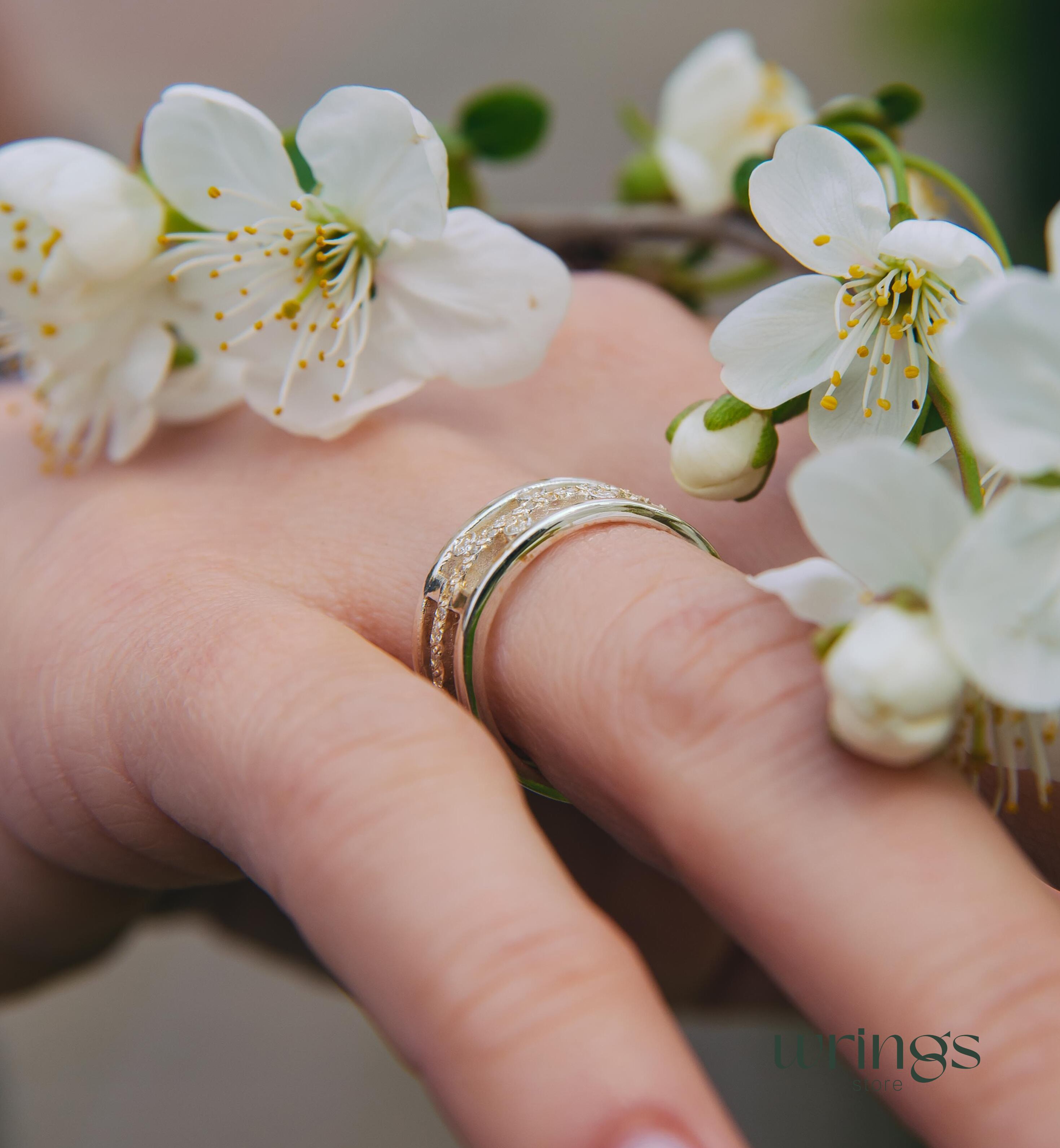 Open Wide Band Multiple Diamonds Wedding Ring Silver