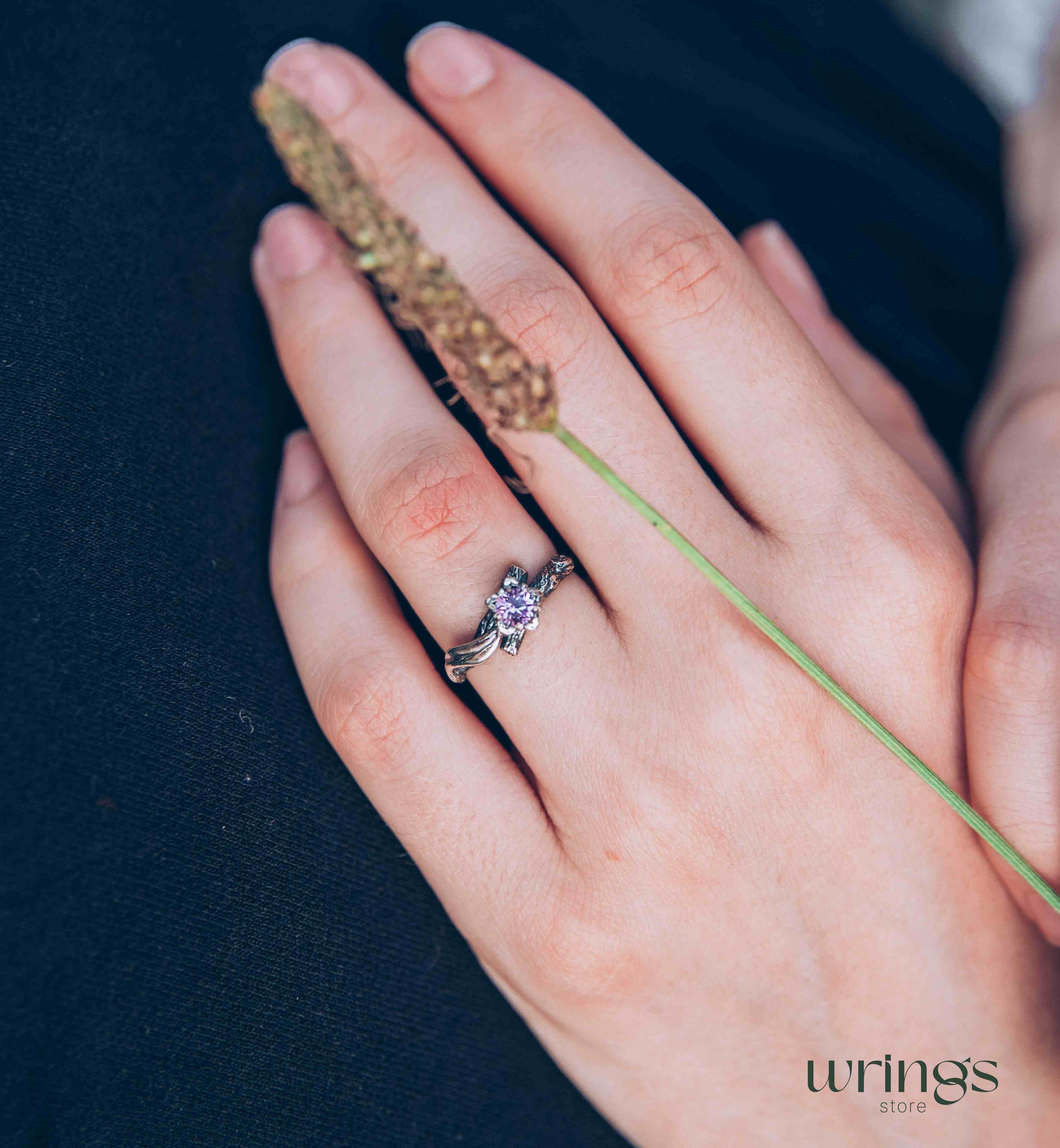 Lilac Amethyst Flower on a Silver dainty Twig Ring for Her