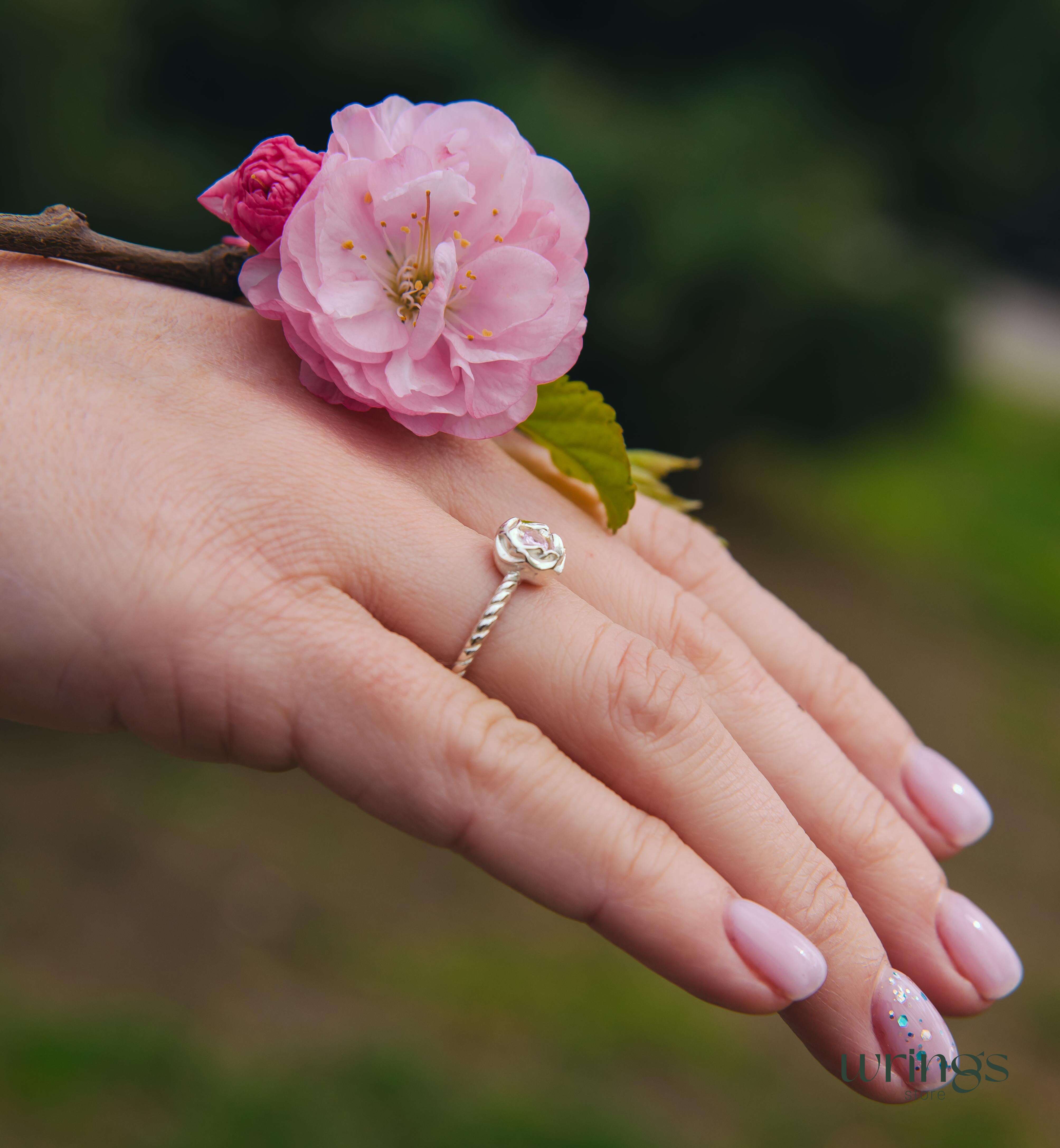 Sterling Silver Flower Ring with Simulated Rose Quartz