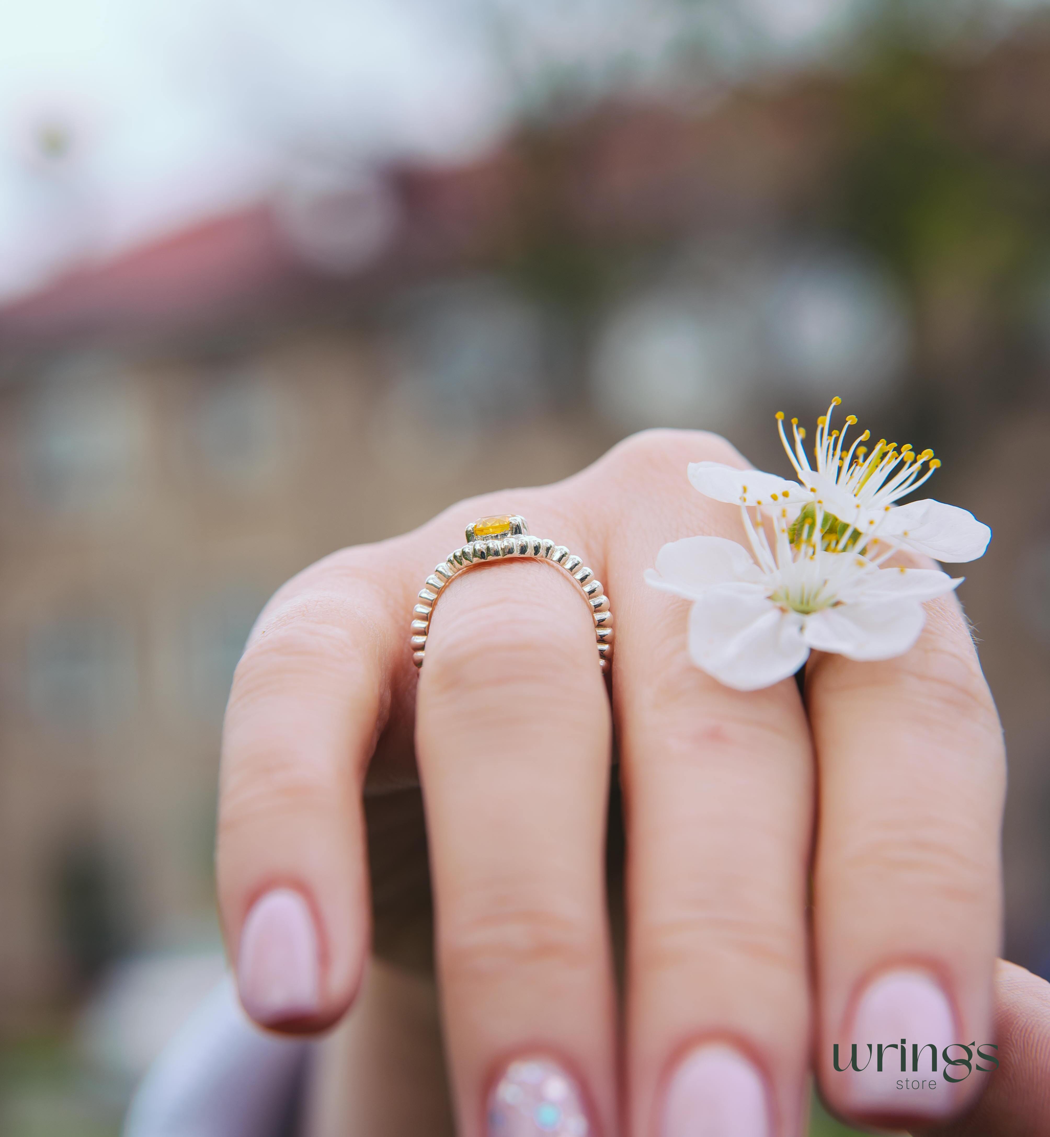 Large Round Citrine Gemstone Statement Silver Bead Ring