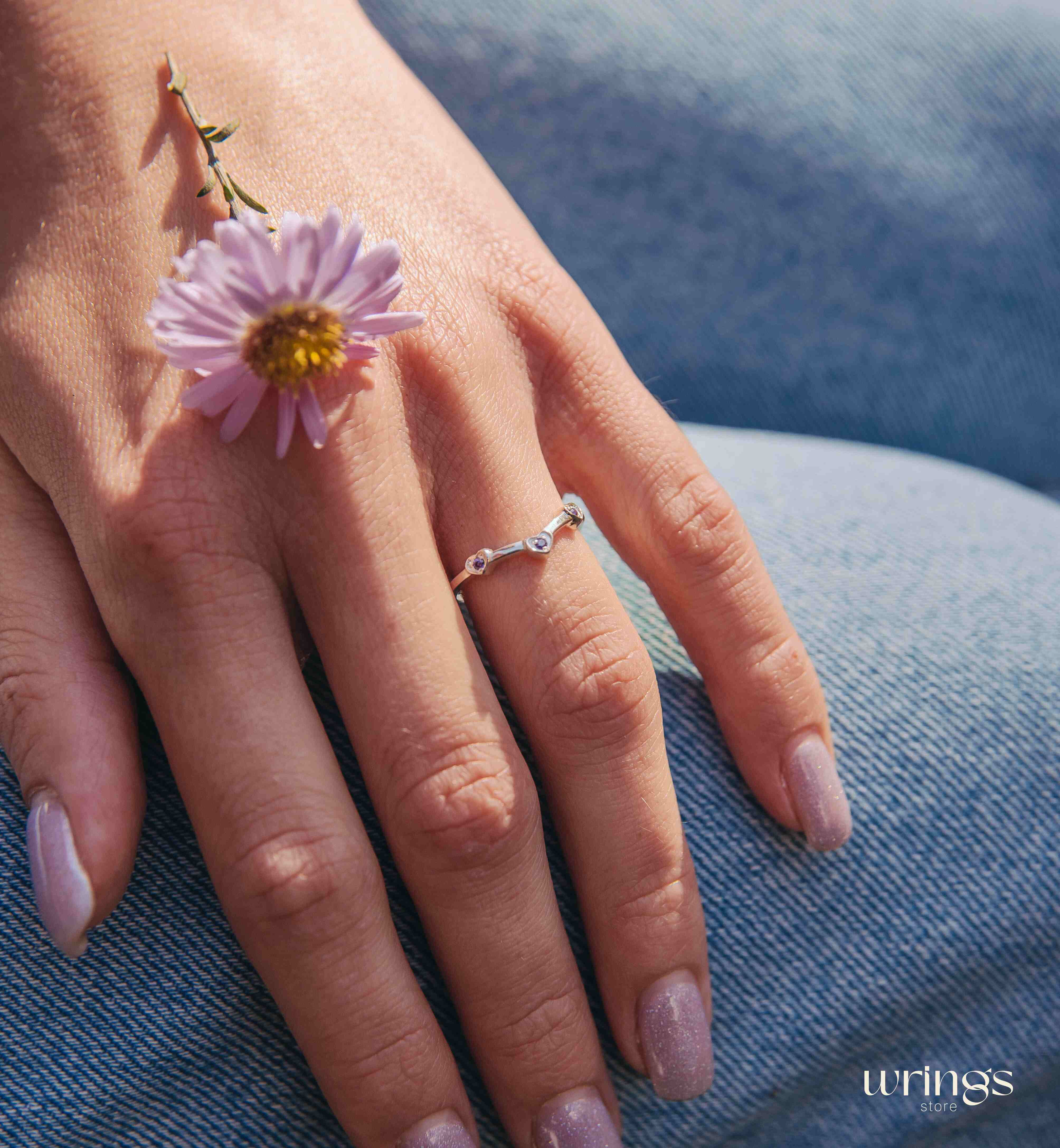 Three Hearts with Amethysts Silver Curved Ring