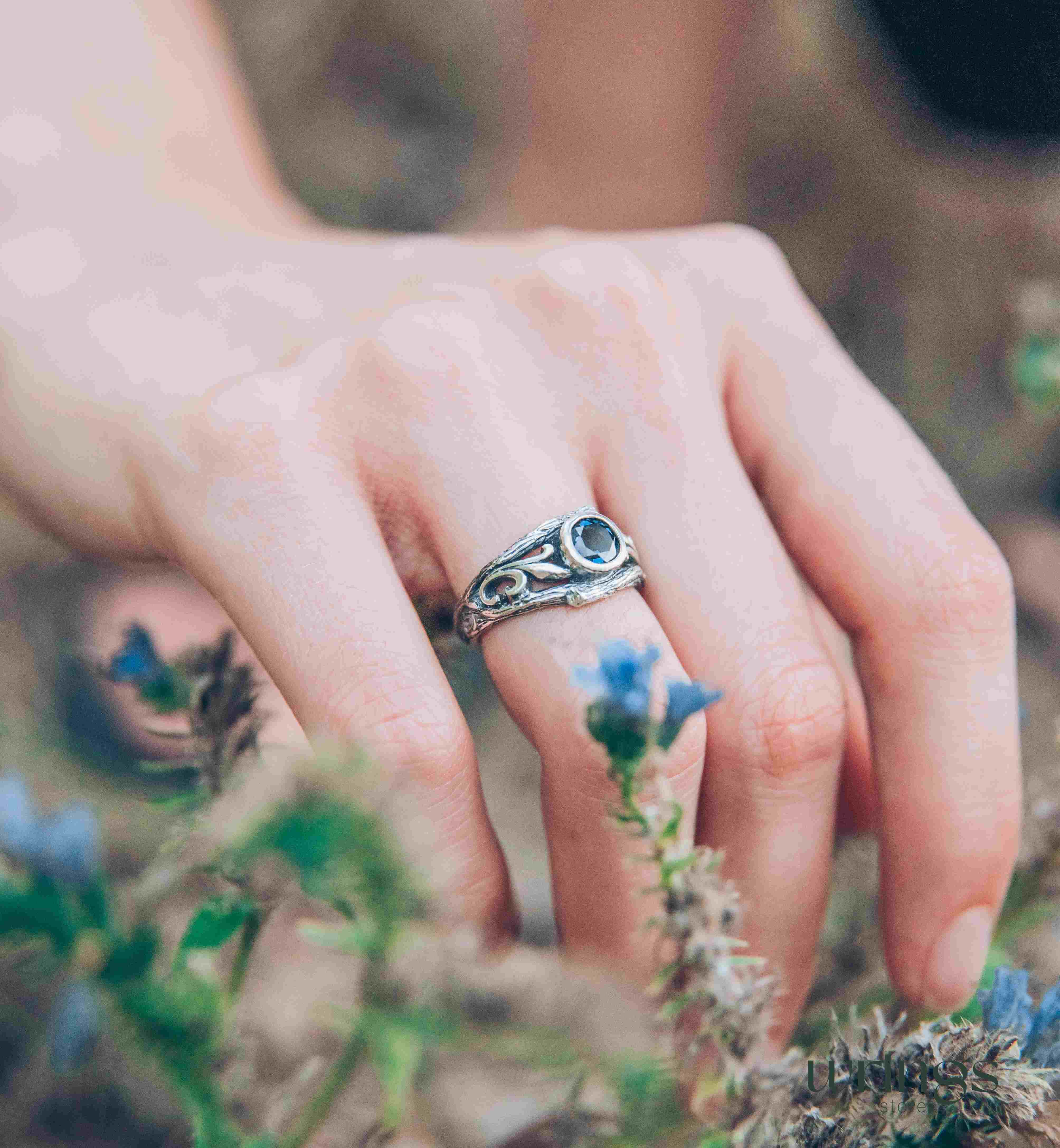 Bezel London blue Topaz with Vine and Branch Engagement Ring