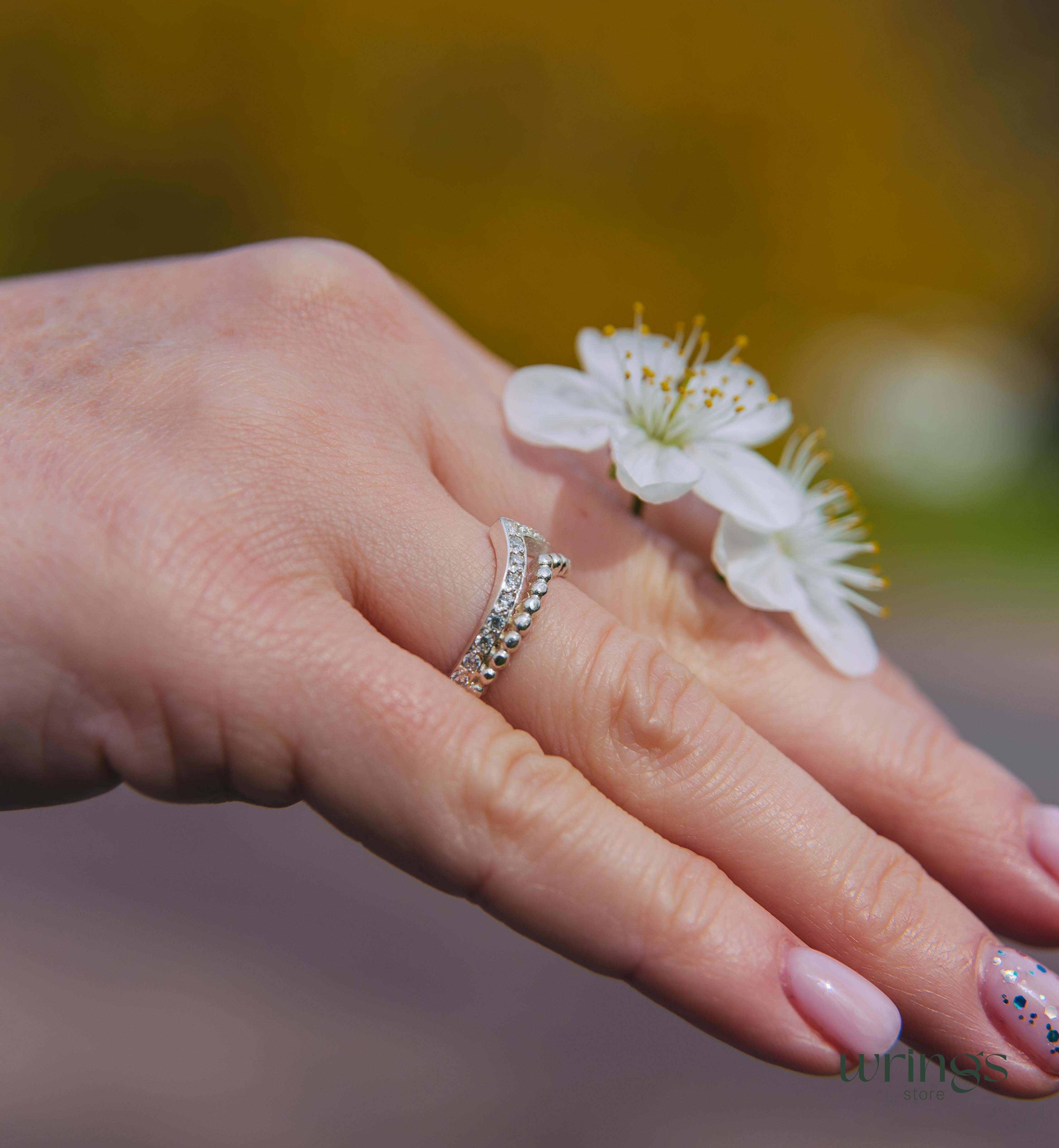 Natural Diamonds in Beaded Silver Chevron Wedding Ring