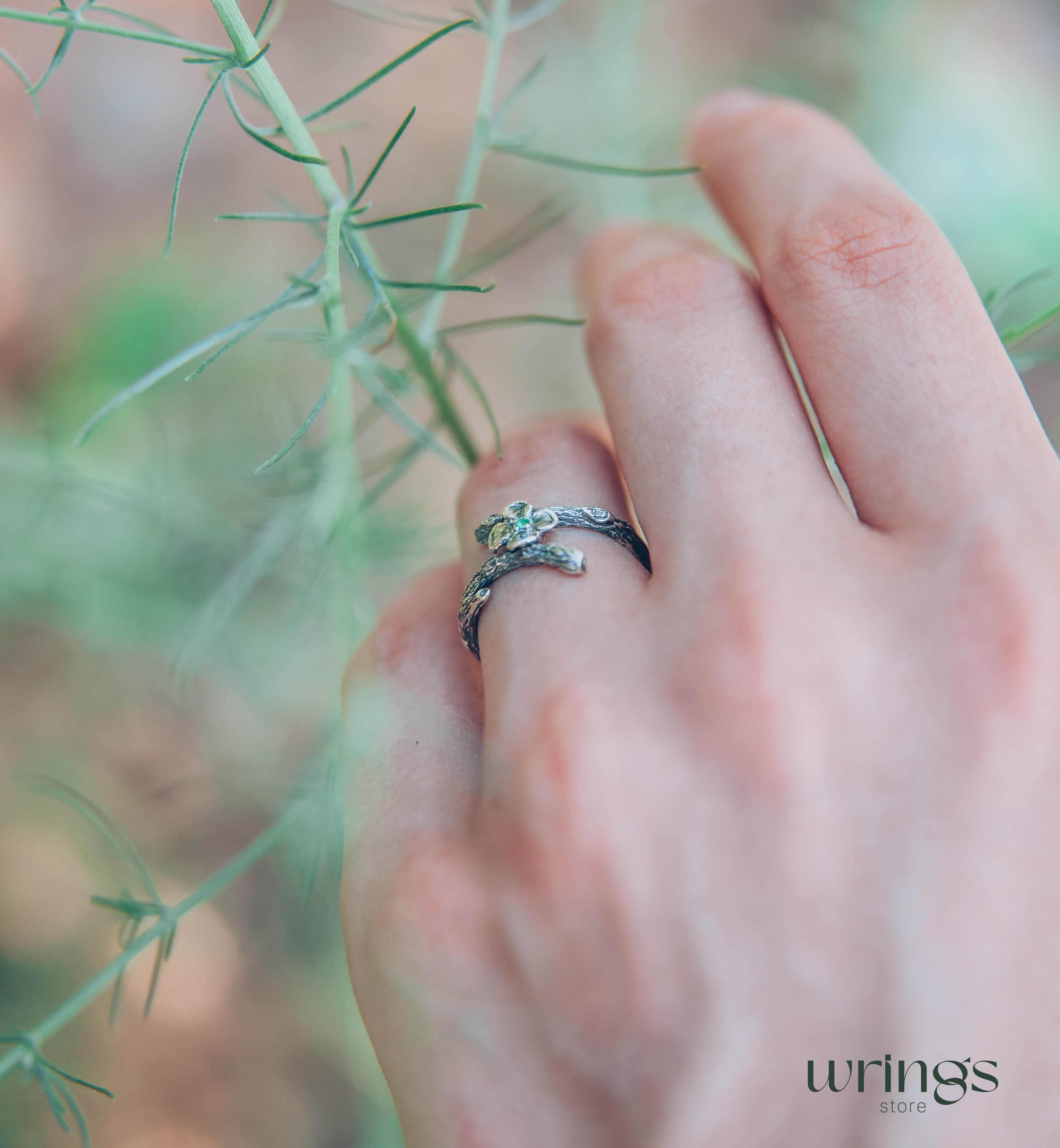 Dainty Quatrefoil flower Ring with Emerald and tiny Branch