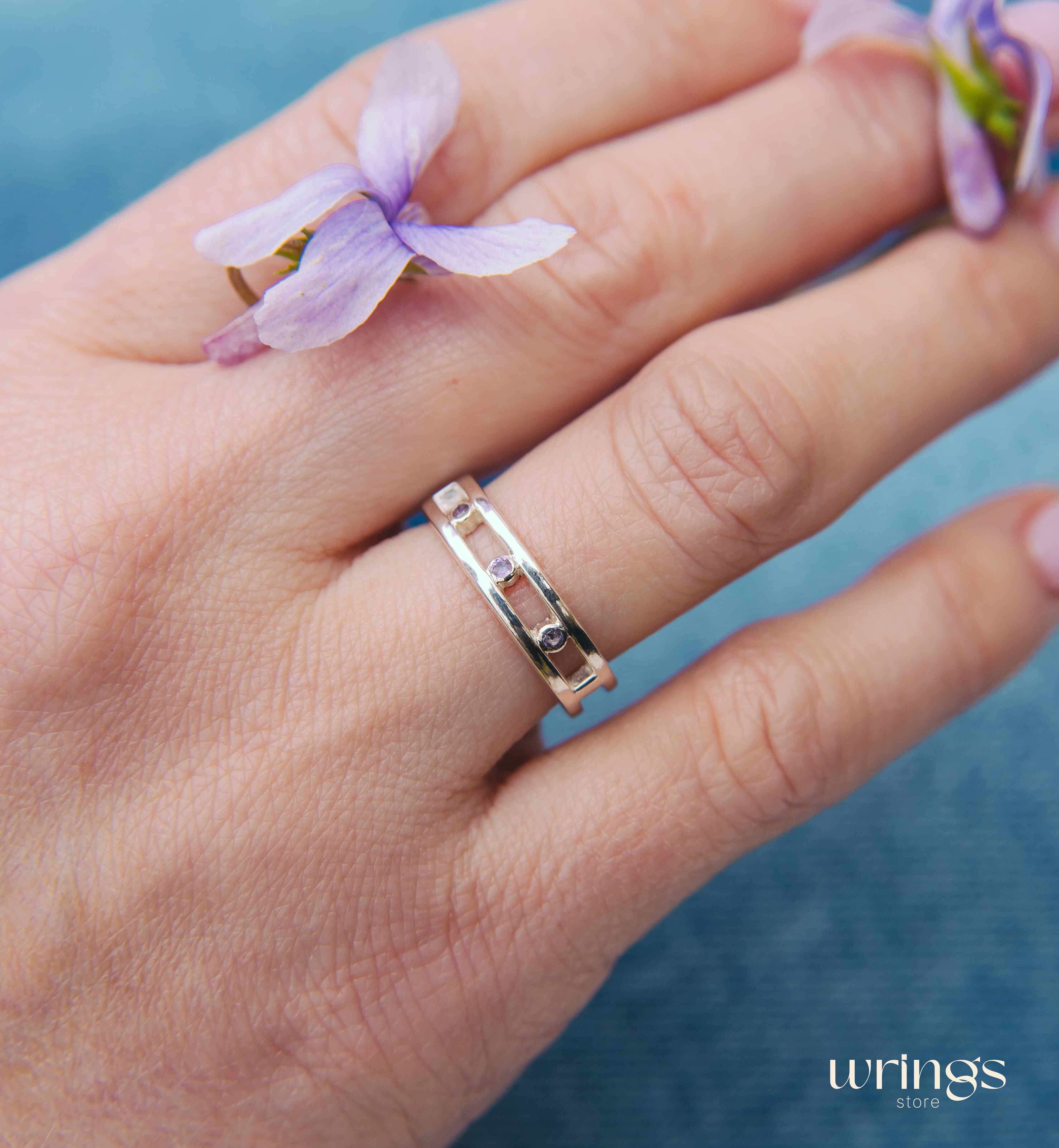 Open Sterling Silver Ring Multi Stone Amethysts Bezel