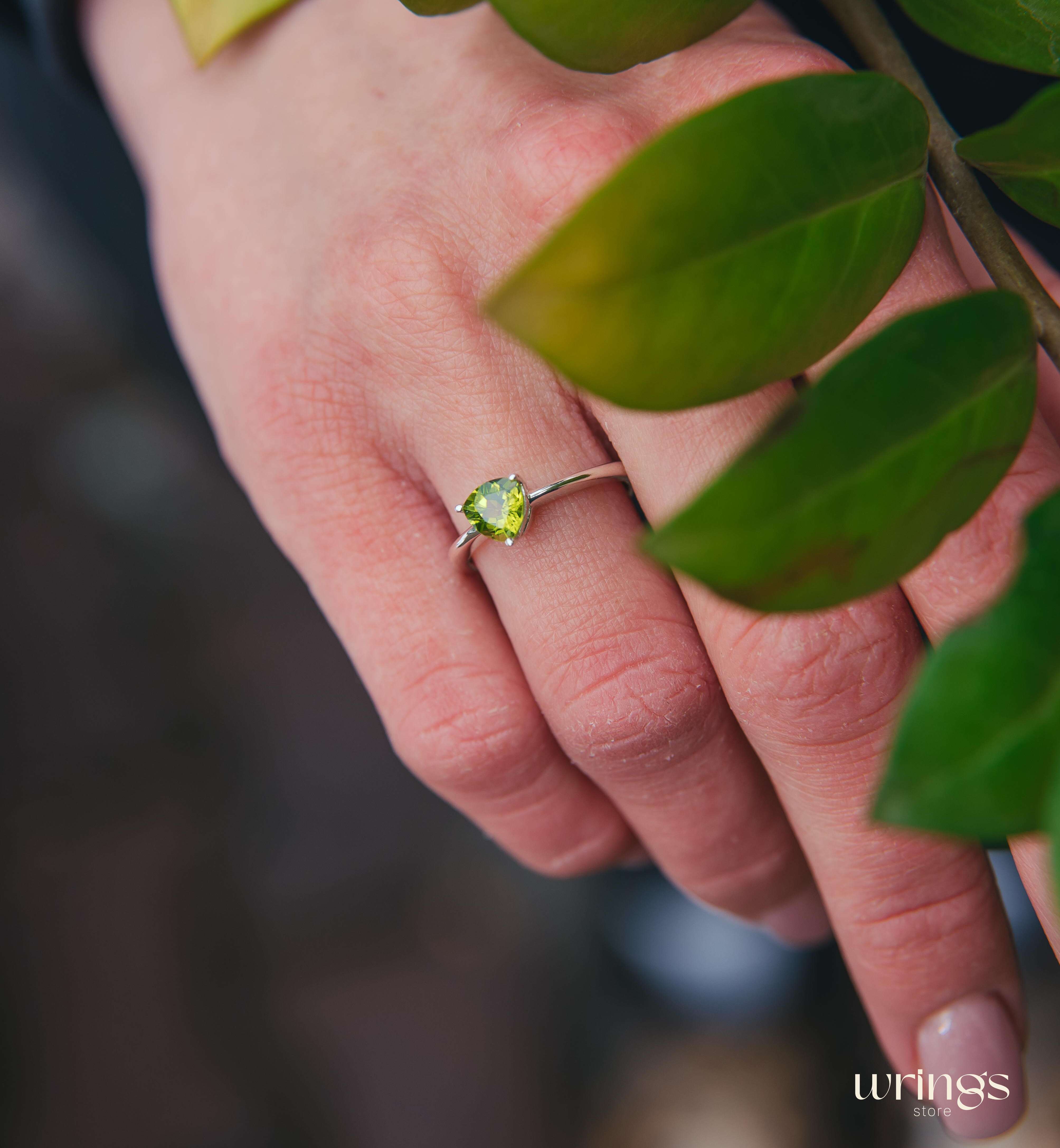 Classic Trilliant Solitaire Peridot Engagement Ring Silver