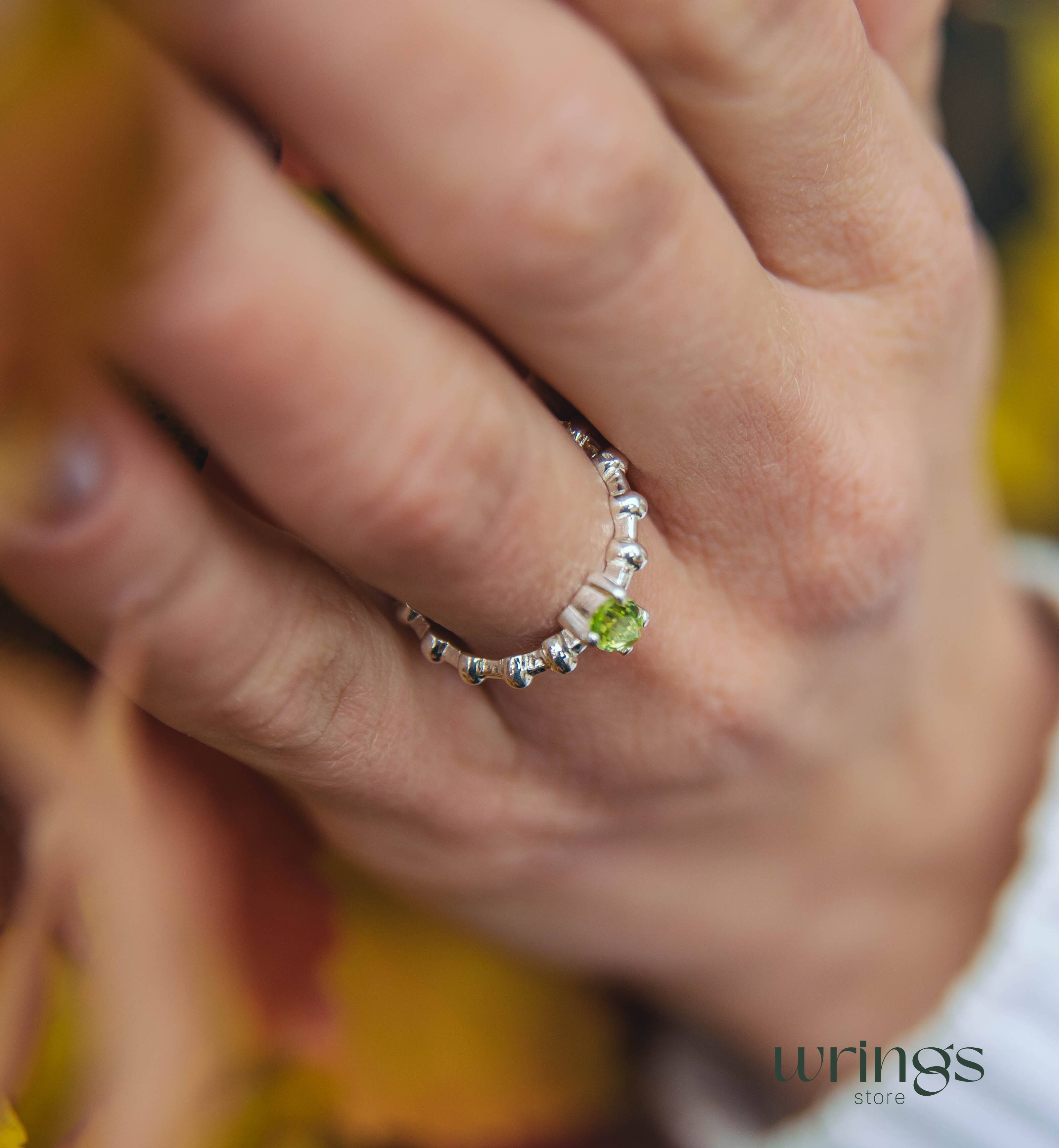 Pear shape Peridot Engagement Ring Silver Beaded Band