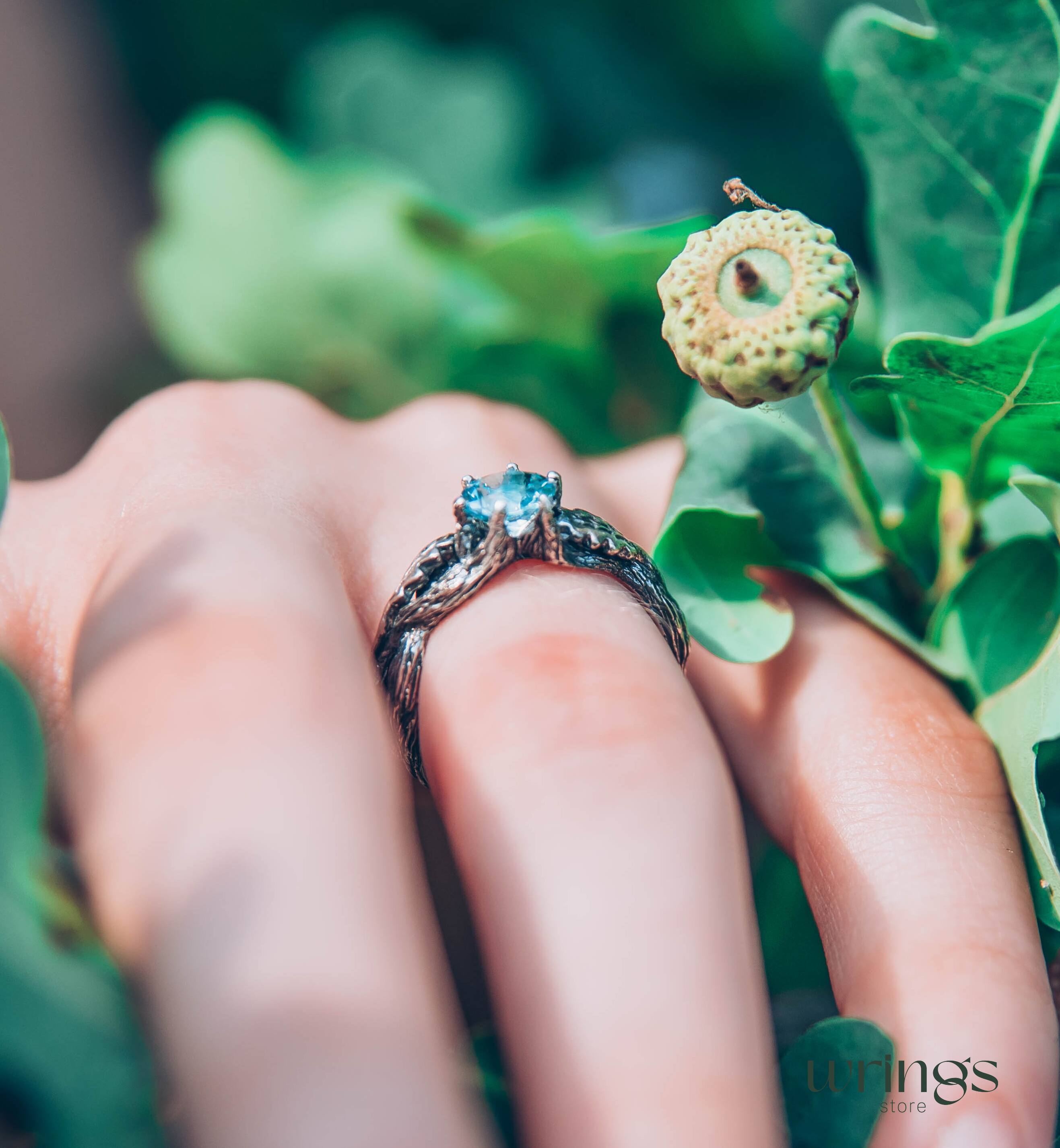 Topaz Engagement Ring — Silver Braided Branch and oak Leaves