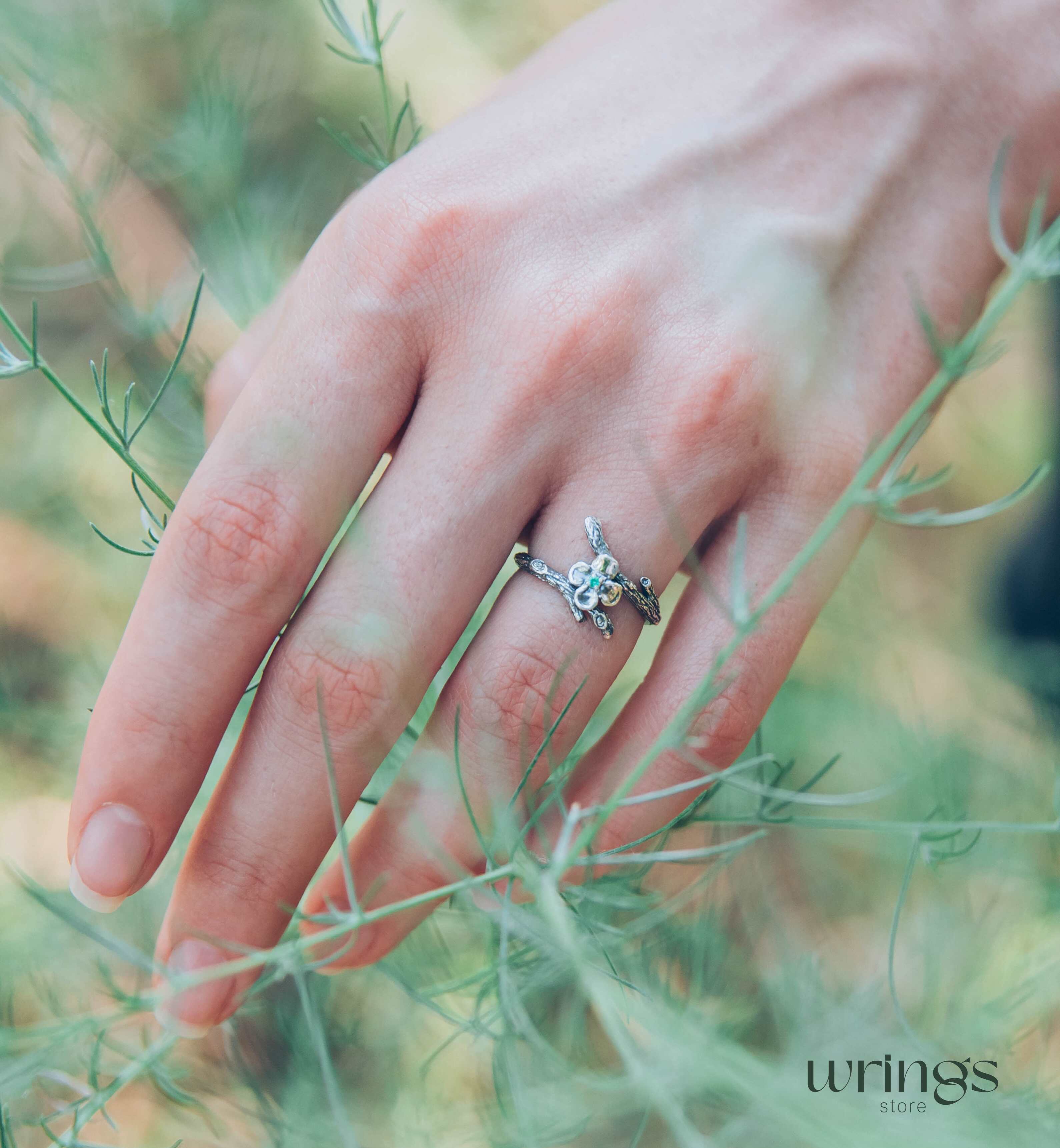 Dainty Quatrefoil flower Ring with Emerald and tiny Branch