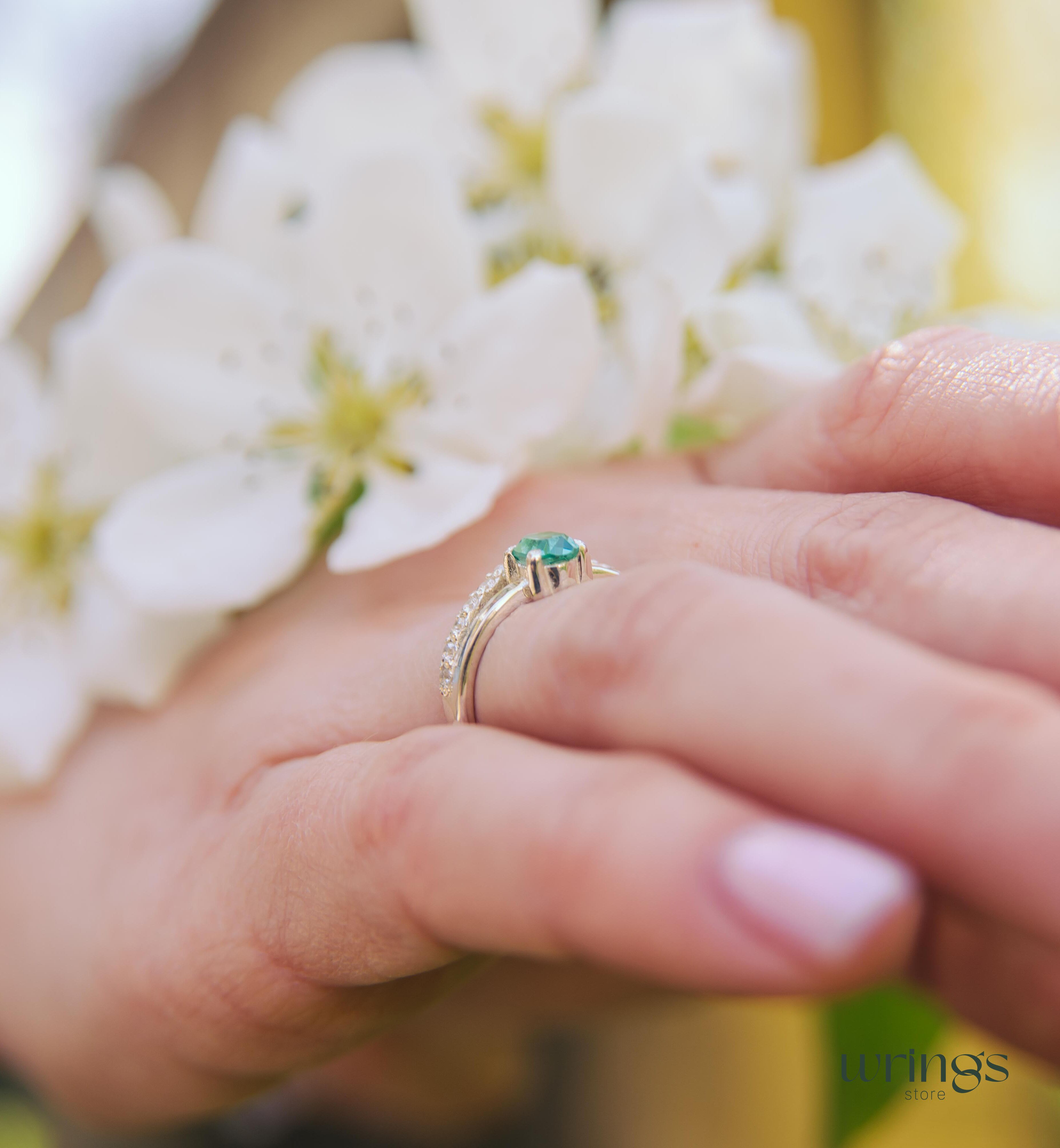 V Shaped Engagement Ring Vertical Oval Green Quartz & CZ