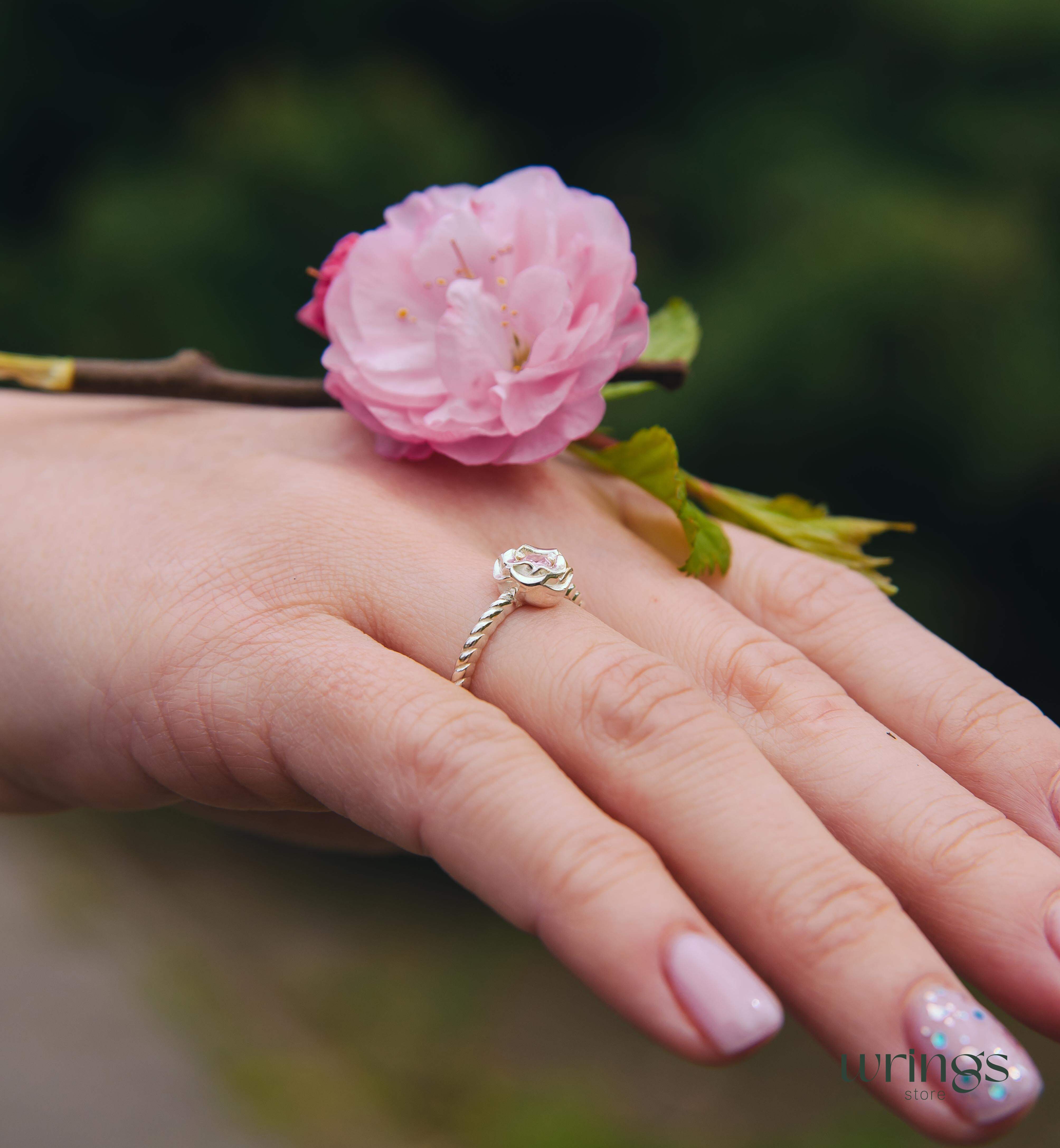 Sterling Silver Flower Ring with Simulated Rose Quartz