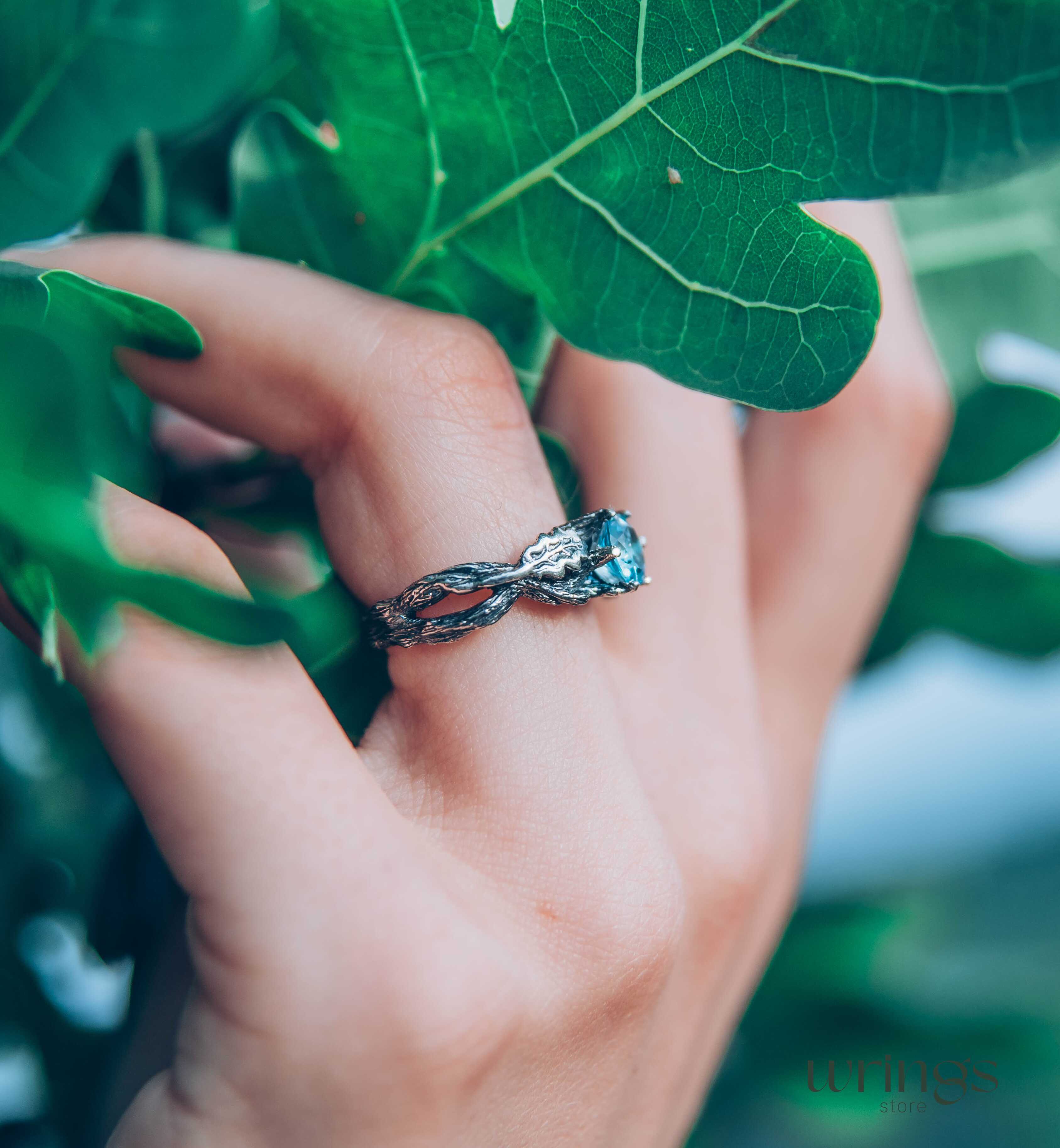 Topaz Engagement Ring — Silver Braided Branch and oak Leaves