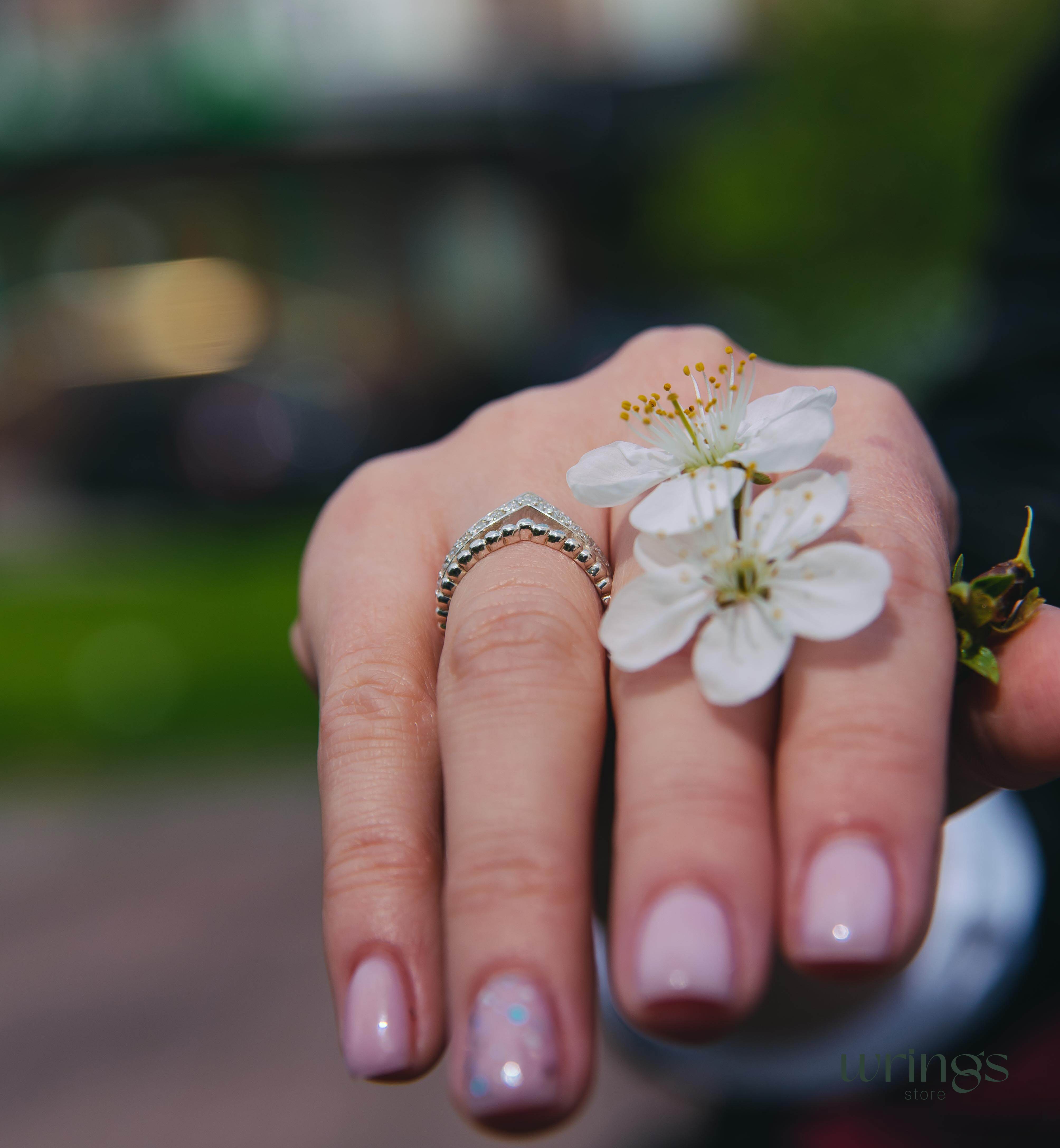 Natural Diamonds in Beaded Silver Chevron Wedding Ring