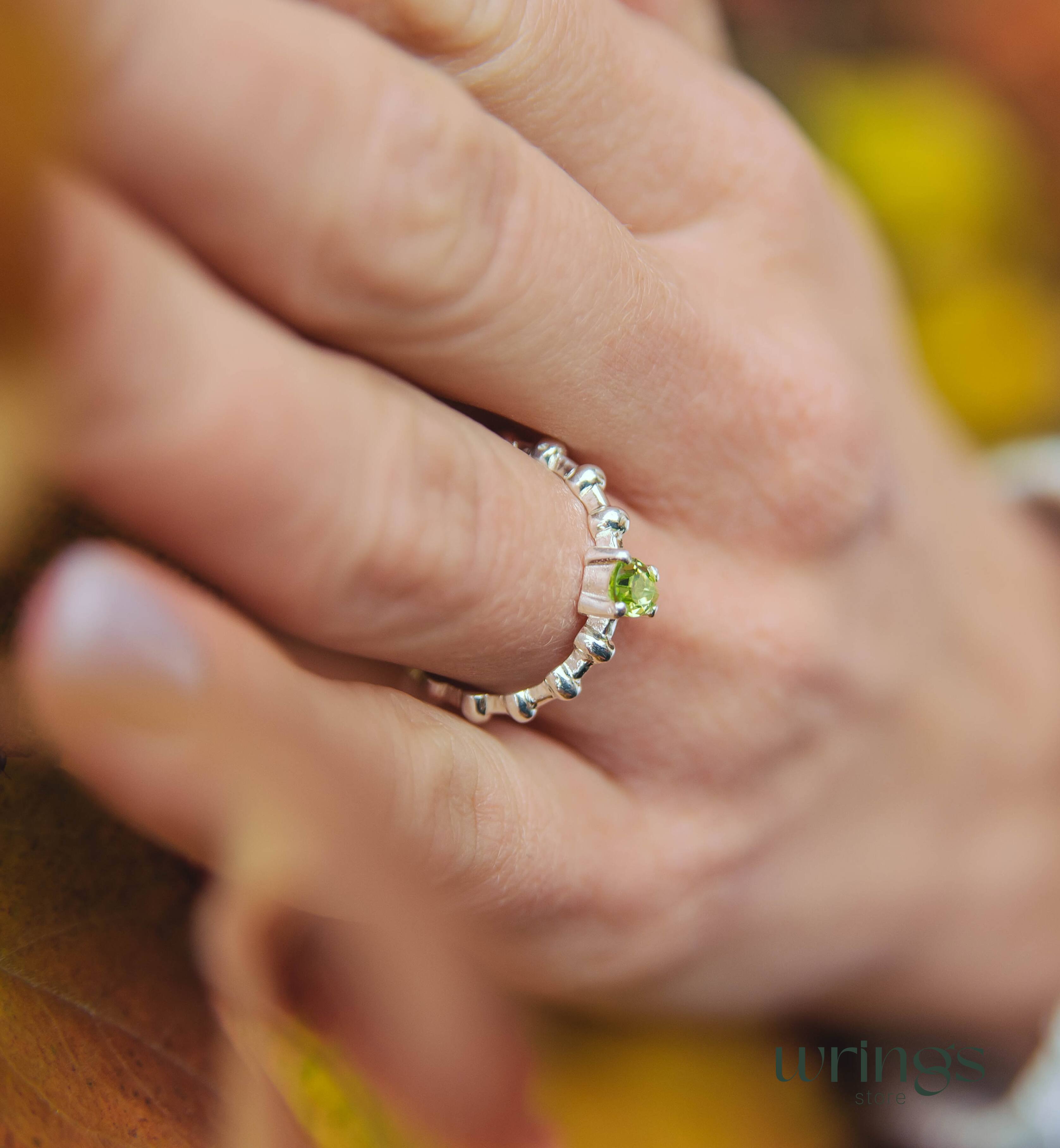 Pear shape Peridot Engagement Ring Silver Beaded Band