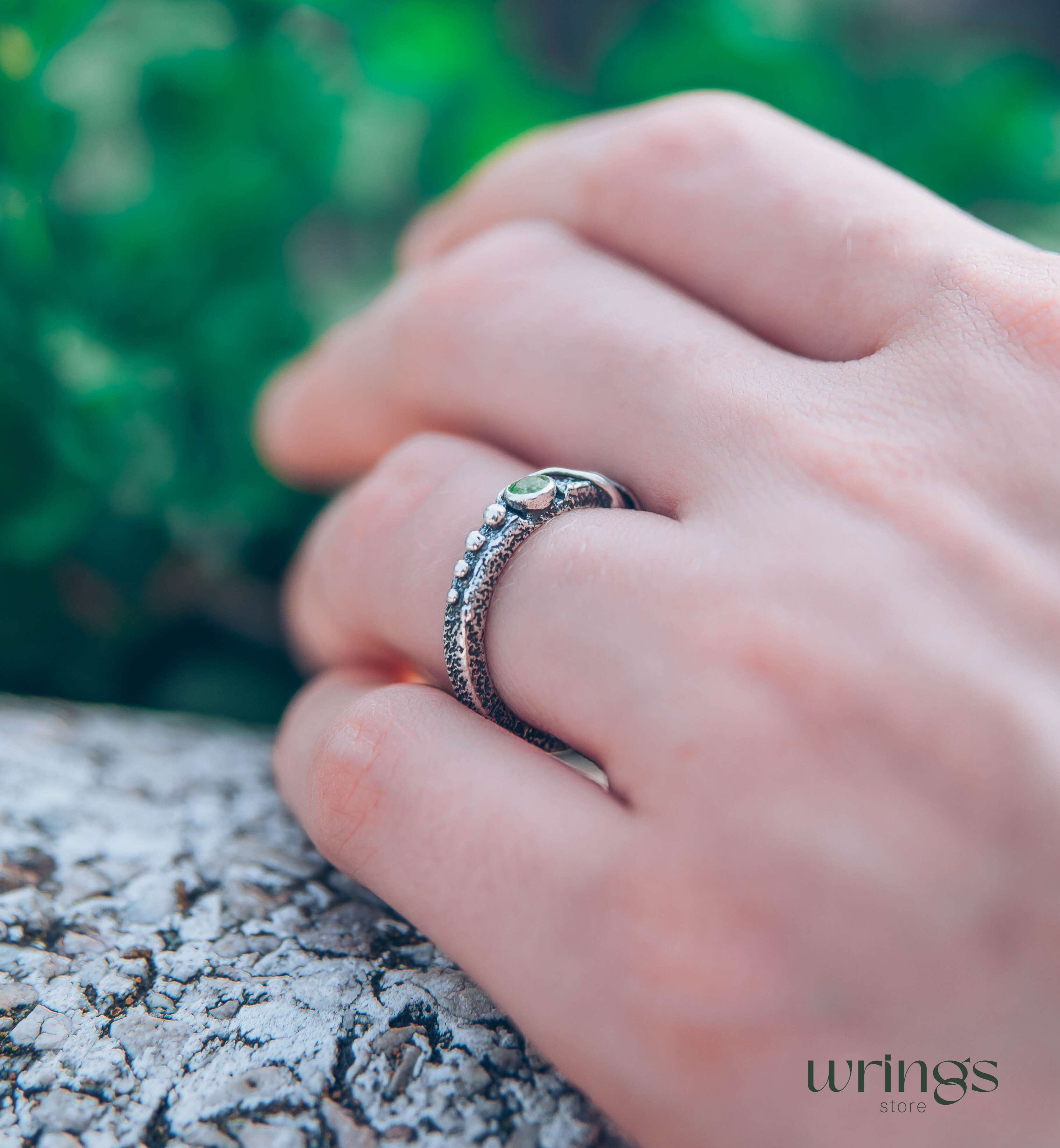 Modern Wild twisted Silver Engagement Ring with Peridot